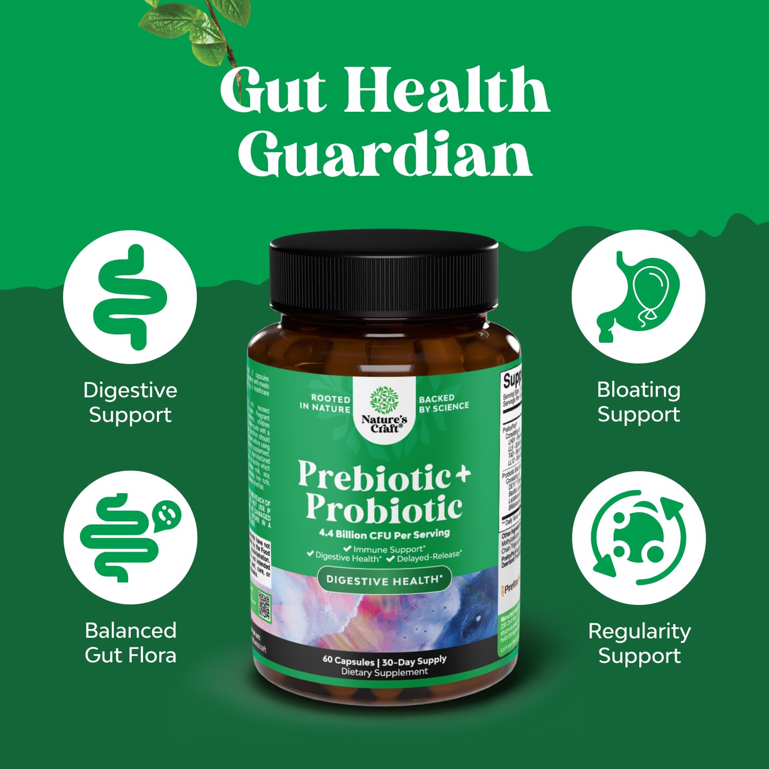 Natures Craft Probiotics and Prebiotics Supplement label close-up