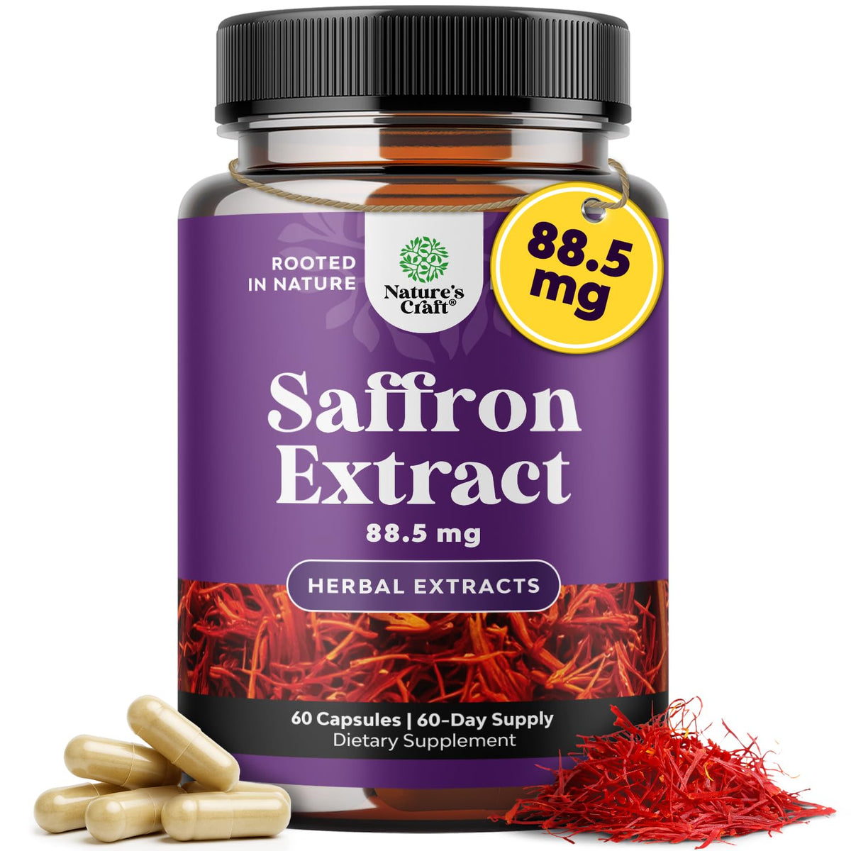 Natures Craft Saffron Capsules 60 count front view