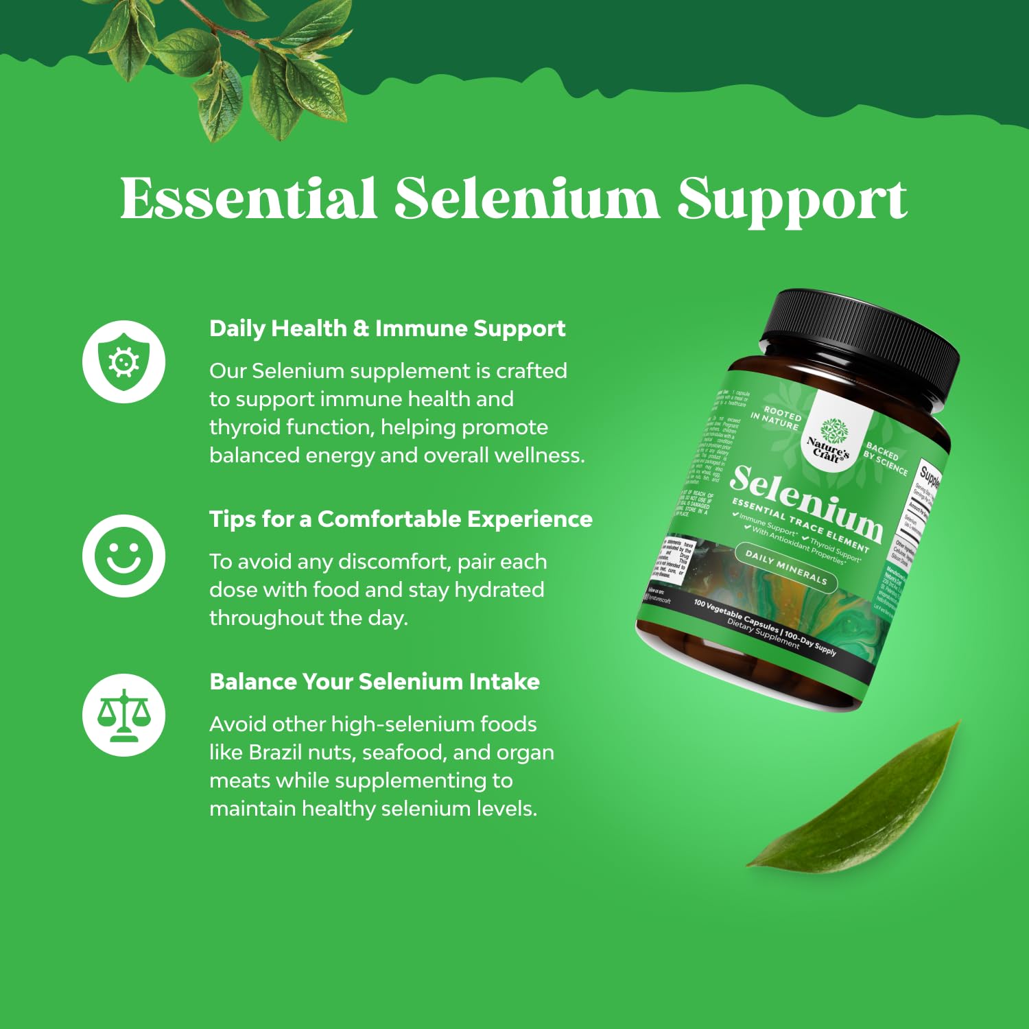 Natures Craft Selenium 200 mcg supplement capsules on a wooden table