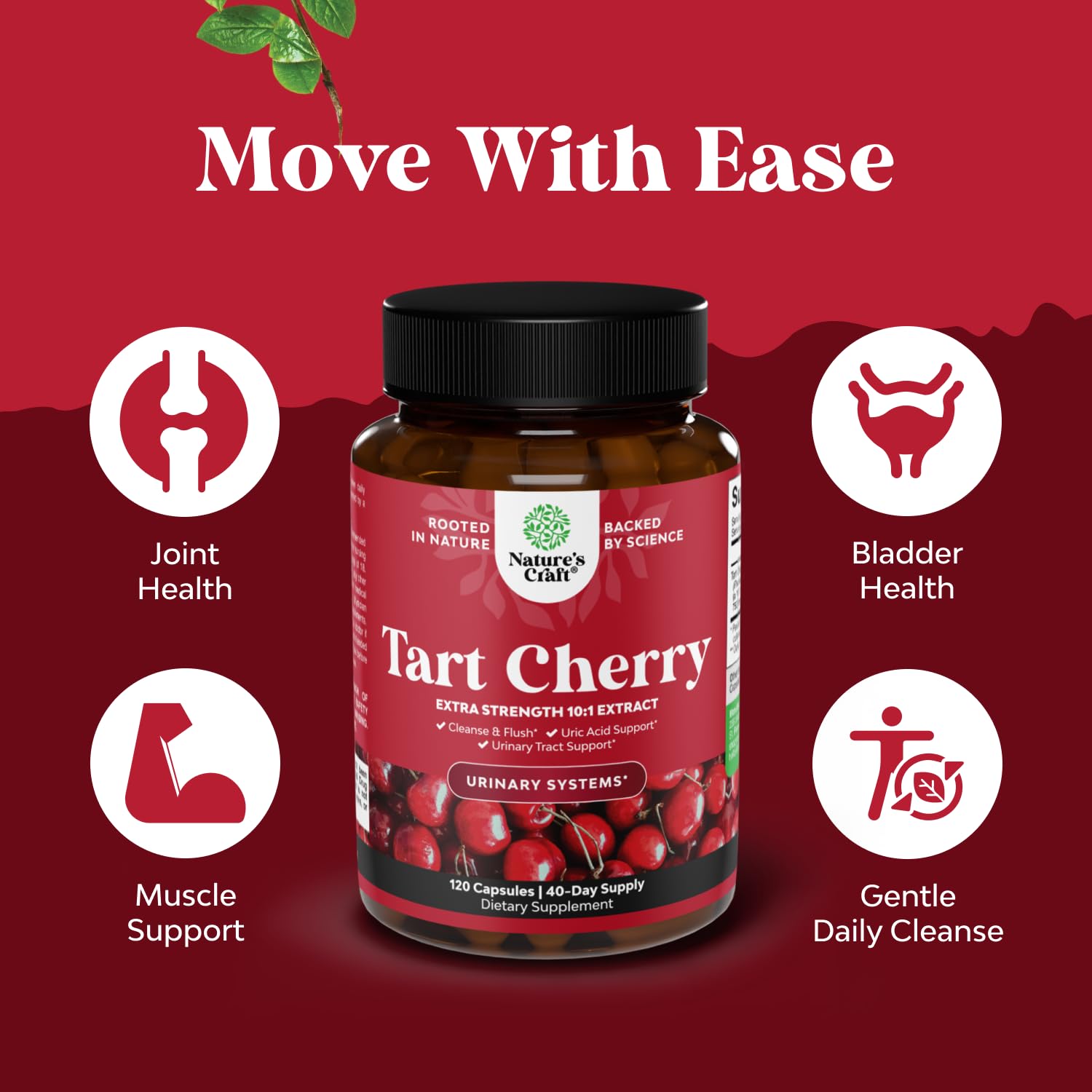 Natures Craft Tart Cherry Uric Acid Supplement capsules in hand