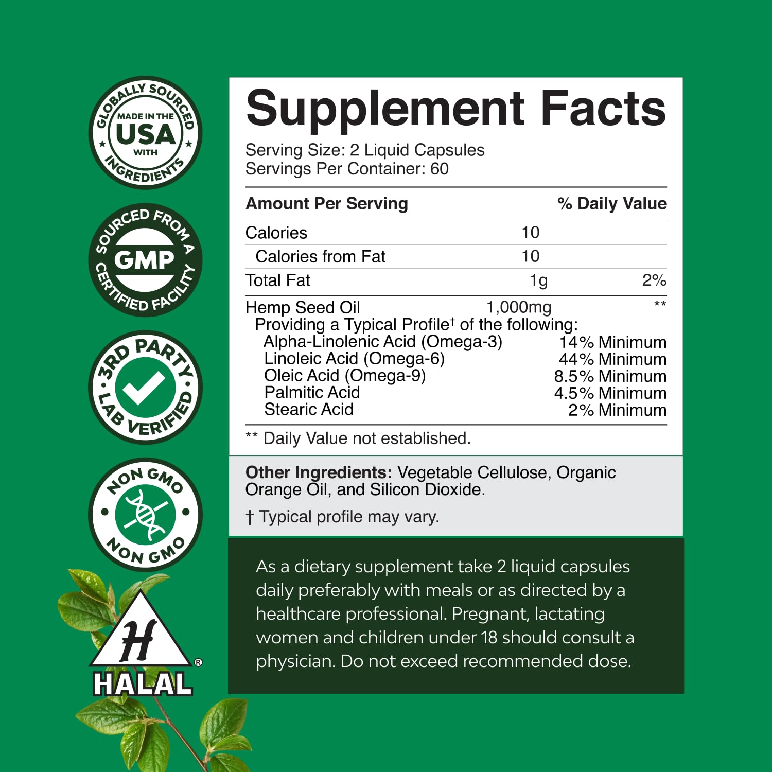 Natures Craft Vegan Omega 3-6-9 Hemp Seed Oil Capsules bottle with label