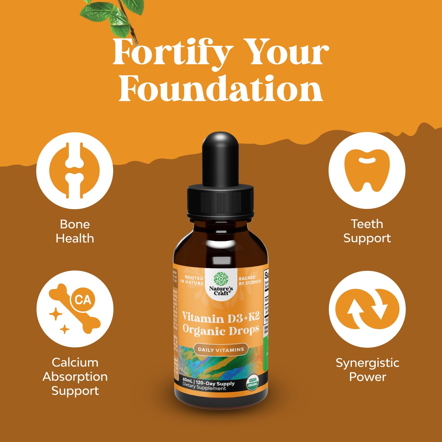 Natures Craft Vitamin D3 K2 Drops 2000 IU bottle side view