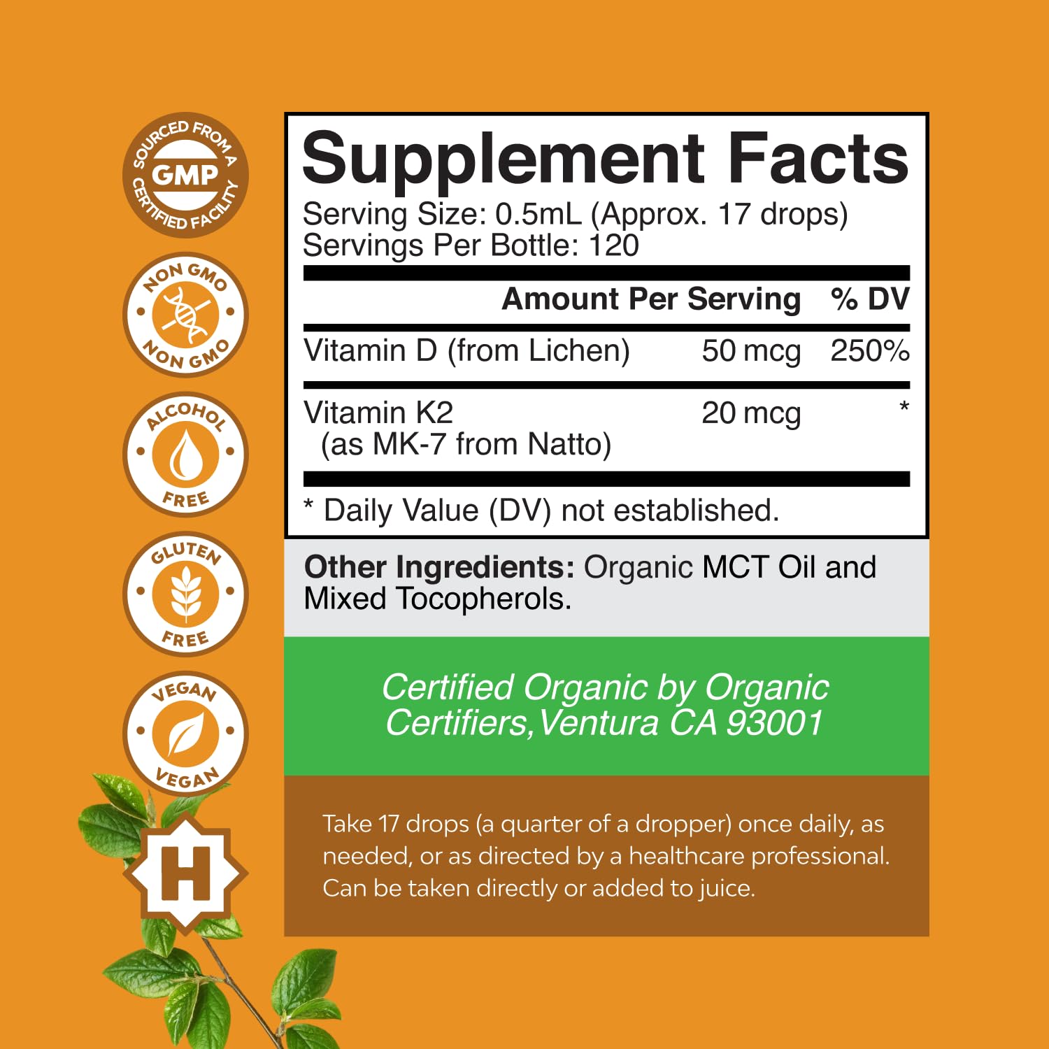 Natures Craft Vitamin D3 K2 Drops 2000 IU ingredients list