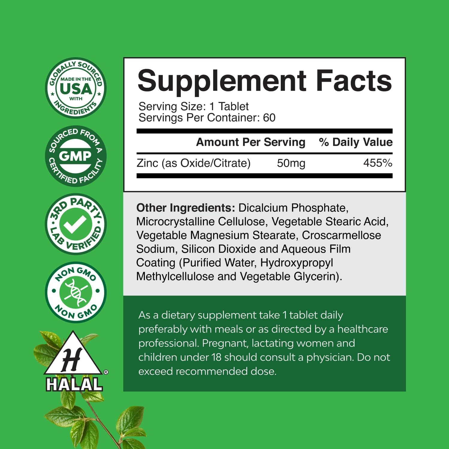 Natures Craft Zinc 50mg Daily Supplement packaging