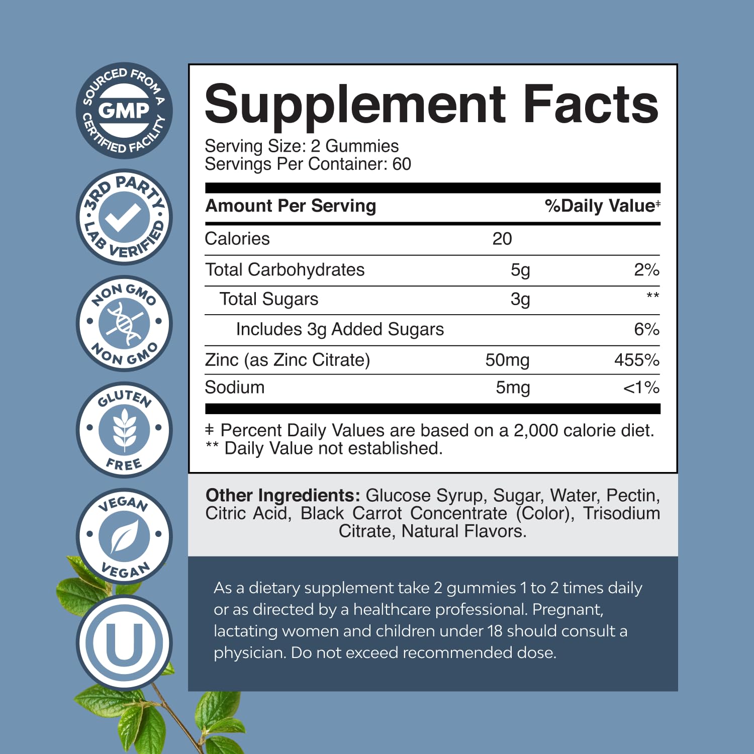 Natures Craft Zinc Gummies 50mg back view with ingredient list