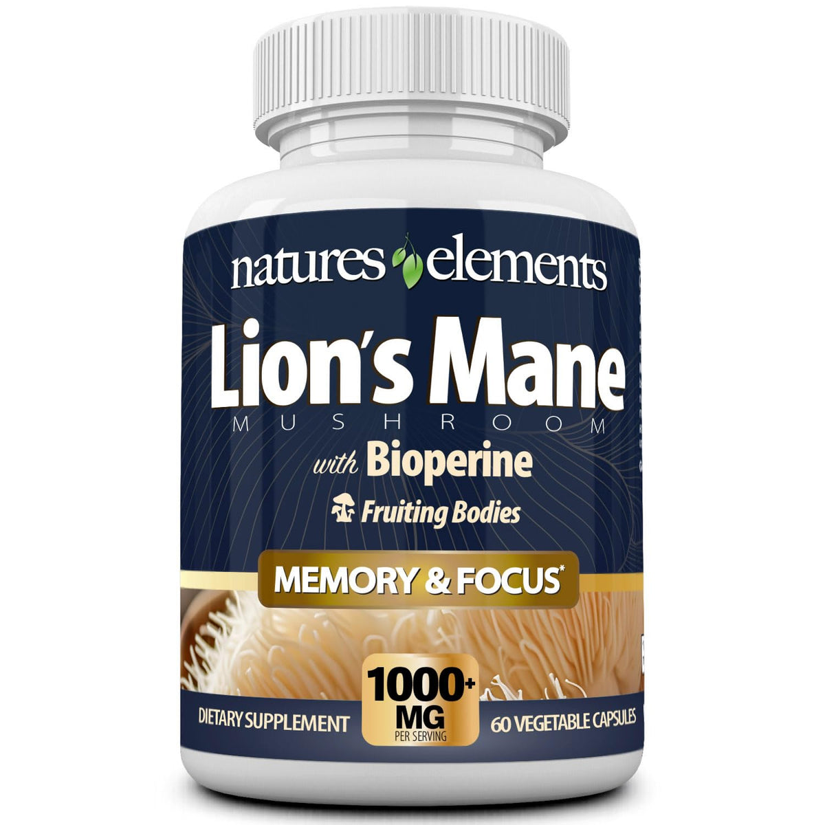 Natures Elements Lion’s Mane Mushroom Extract 1000mg capsules front view