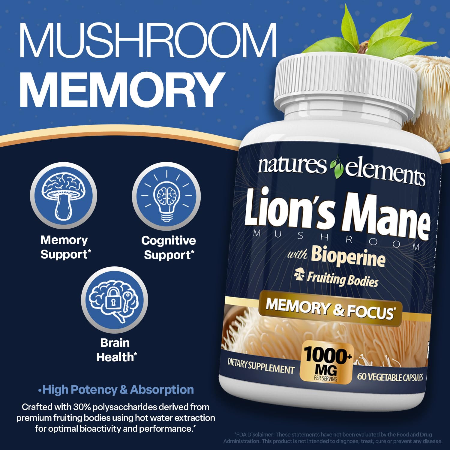 Natures Elements Lion’s Mane Mushroom Extract 1000mg capsules on a wooden table