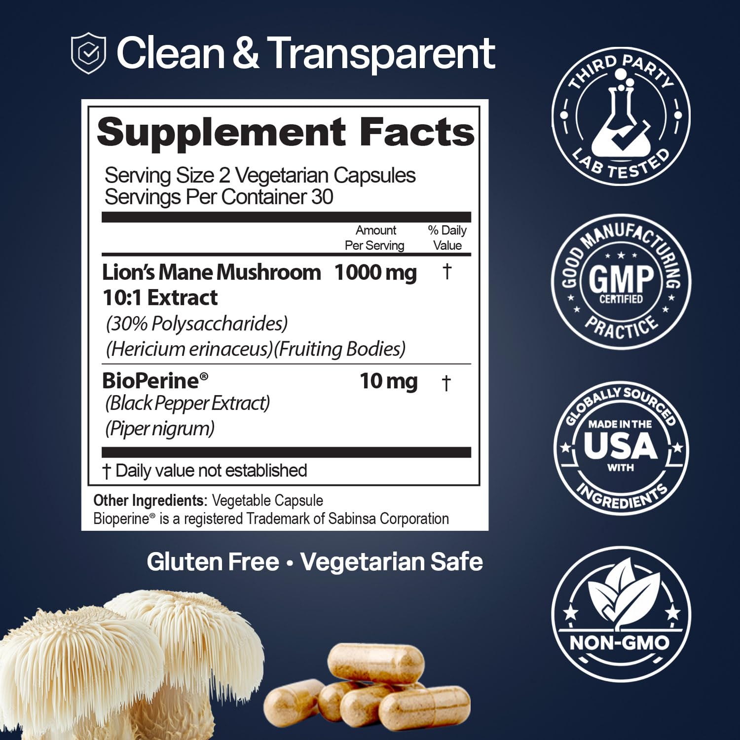 Natures Elements Lion’s Mane Mushroom Extract 1000mg capsules with a measuring spoon