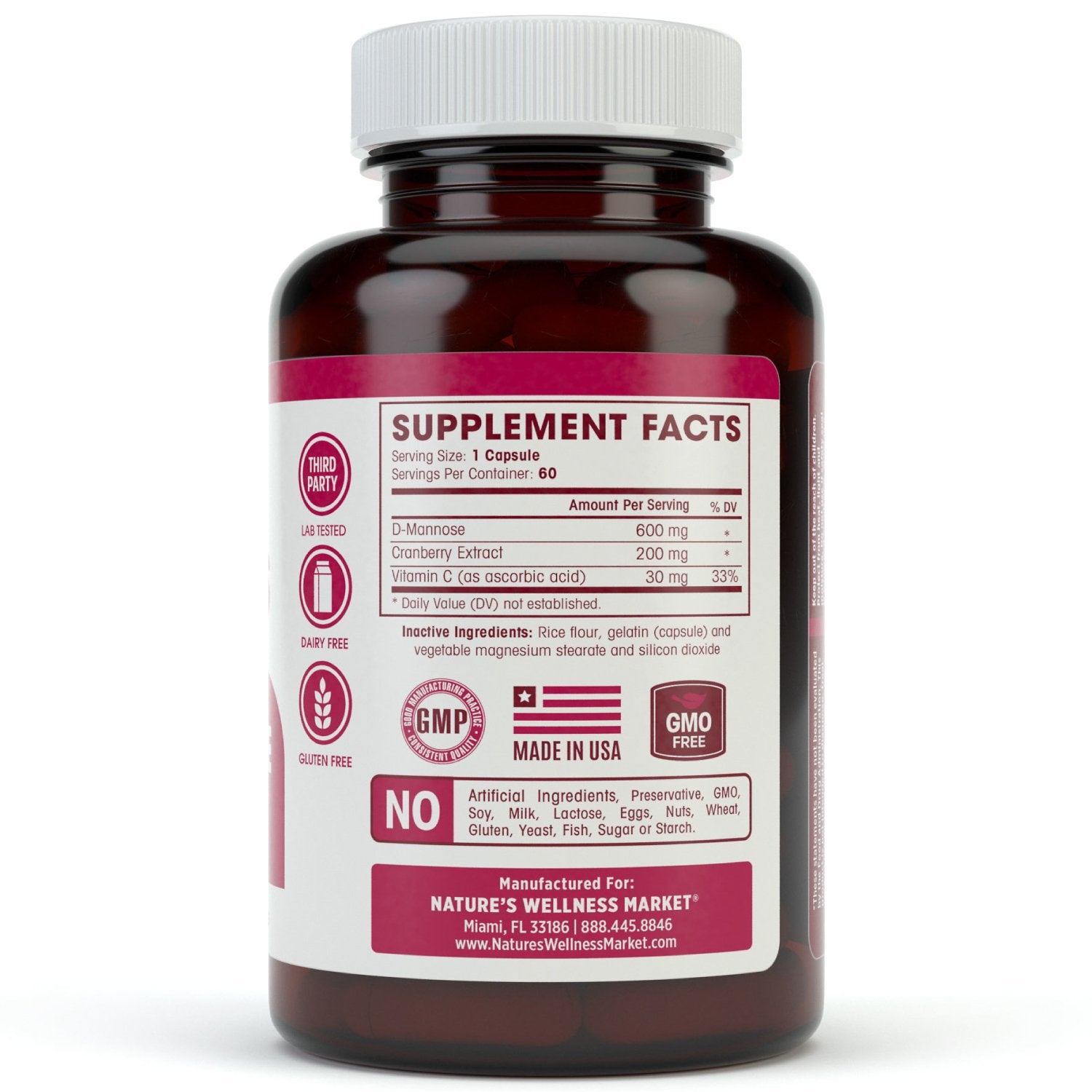 Natures Wellness D-Mannose Cranberry Extract capsules on a wooden table