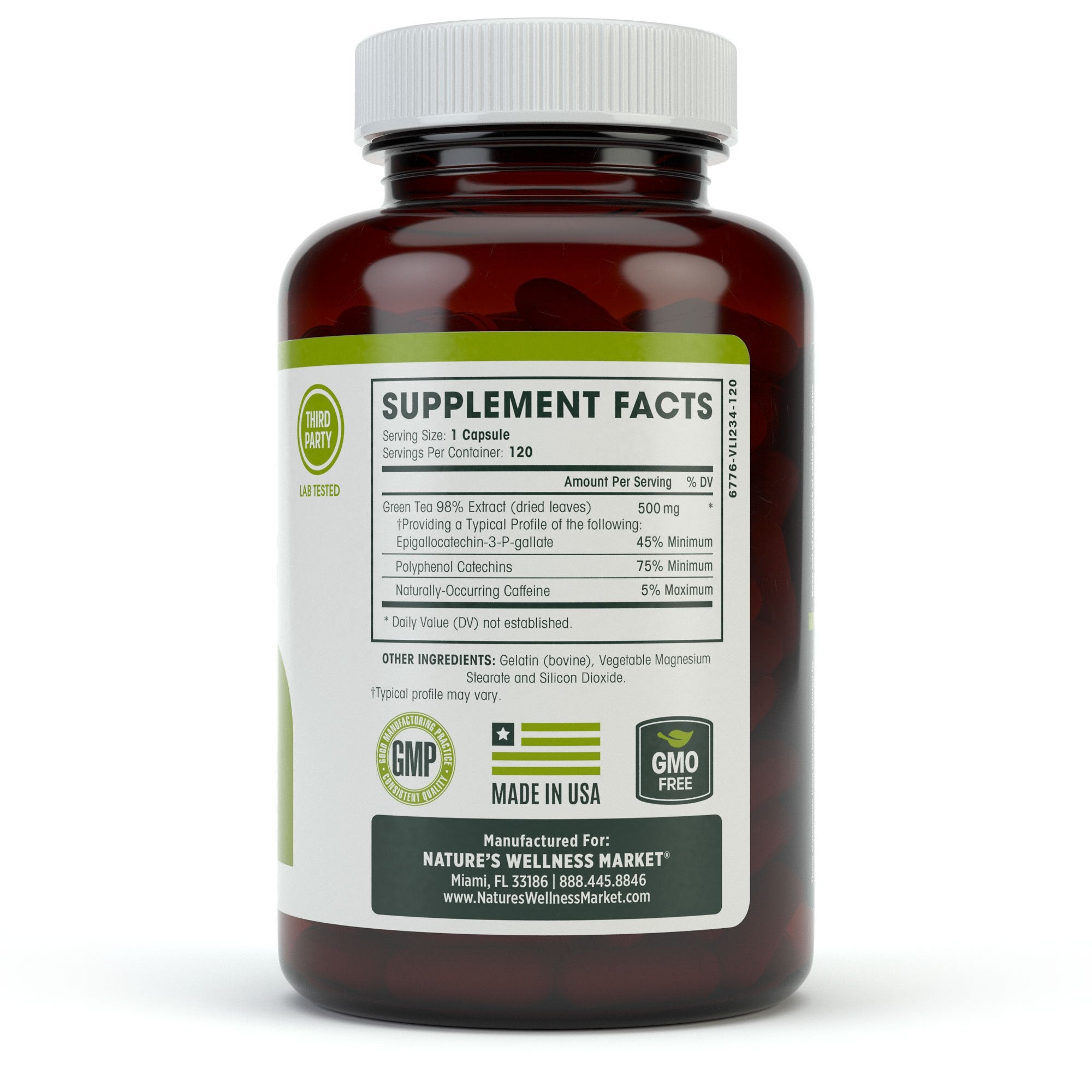 Natures Wellness Green Tea Extract Capsules 500mg on wooden table