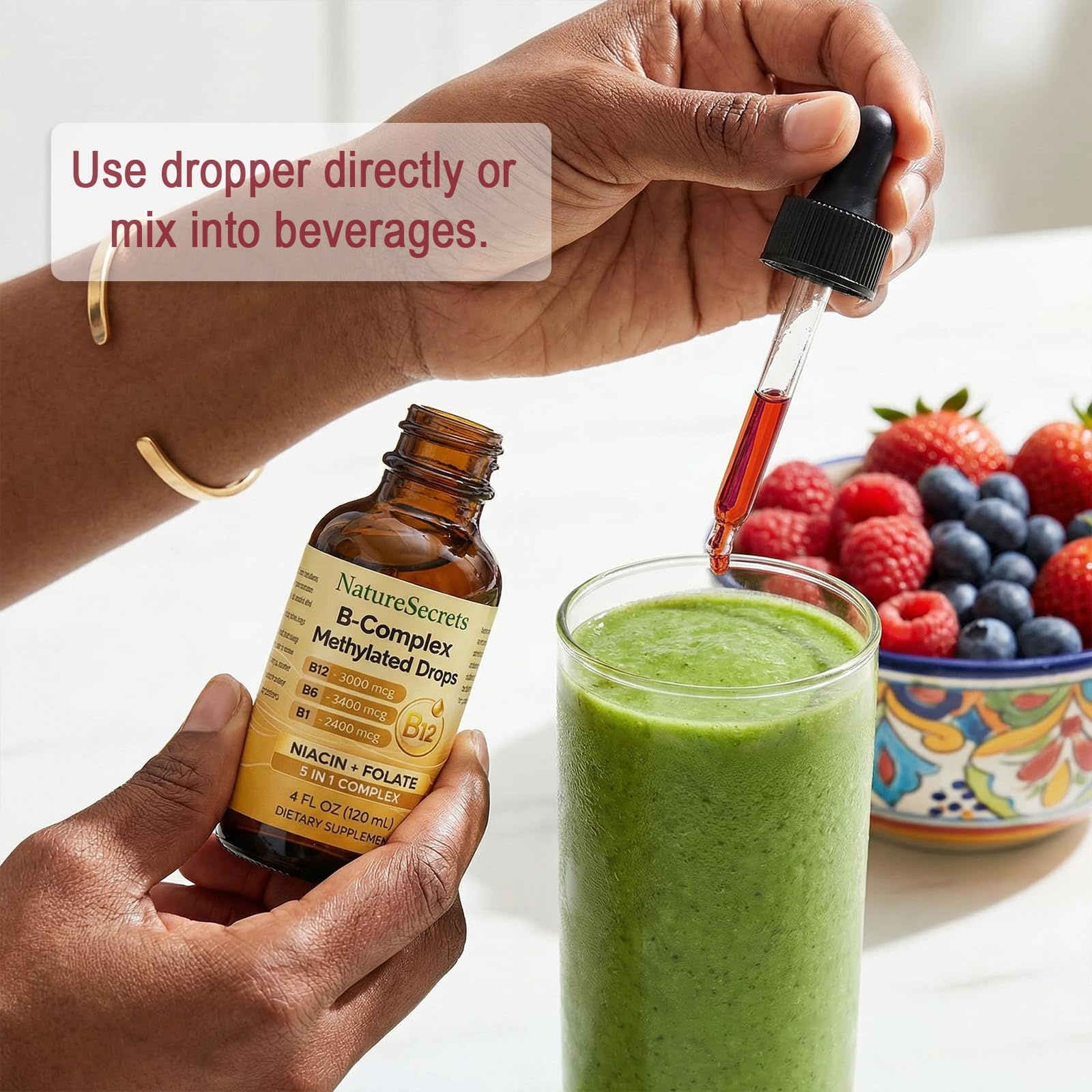 NATURESECRETS B-Complex Methylated Drops 120 mL bottle on a wooden table