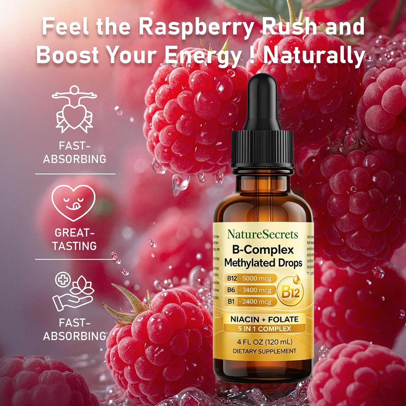 NATURESECRETS B-Complex Methylated Drops bottle with dropper in use