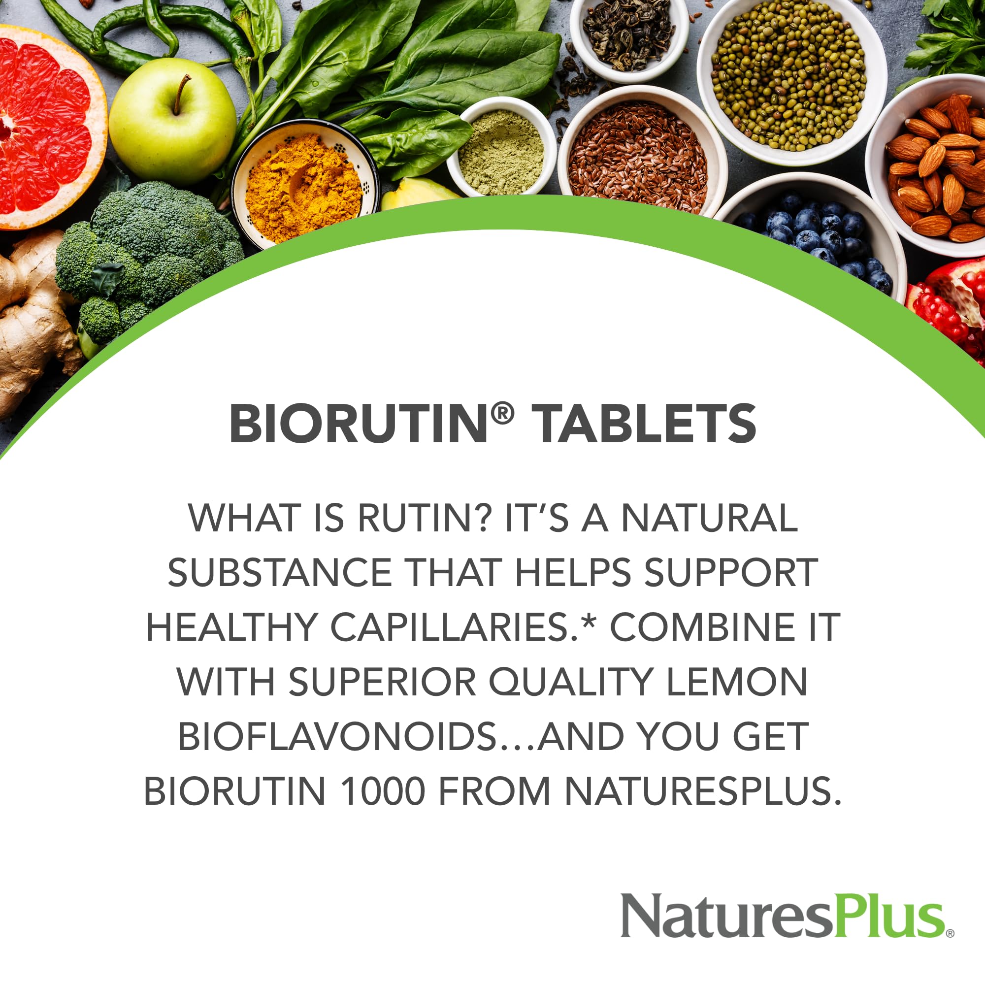 NaturesPlus Biorutin Rutin Supplement 500mg capsules in a clear container