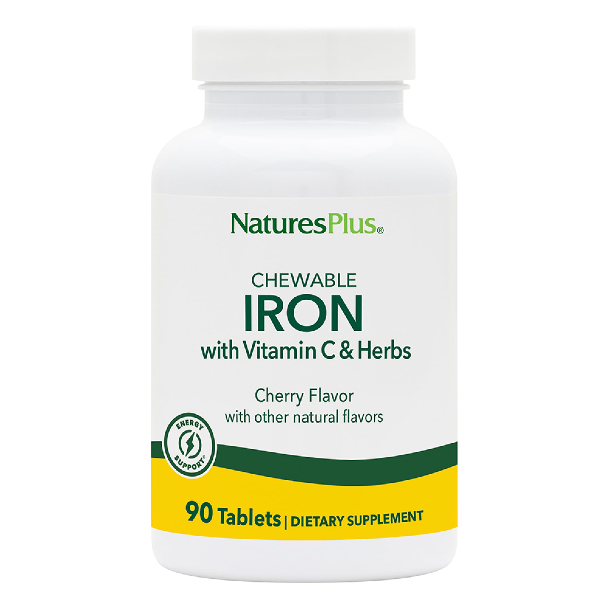 NaturesPlus Chewable Iron 27mg cherry-flavoured tablets front view