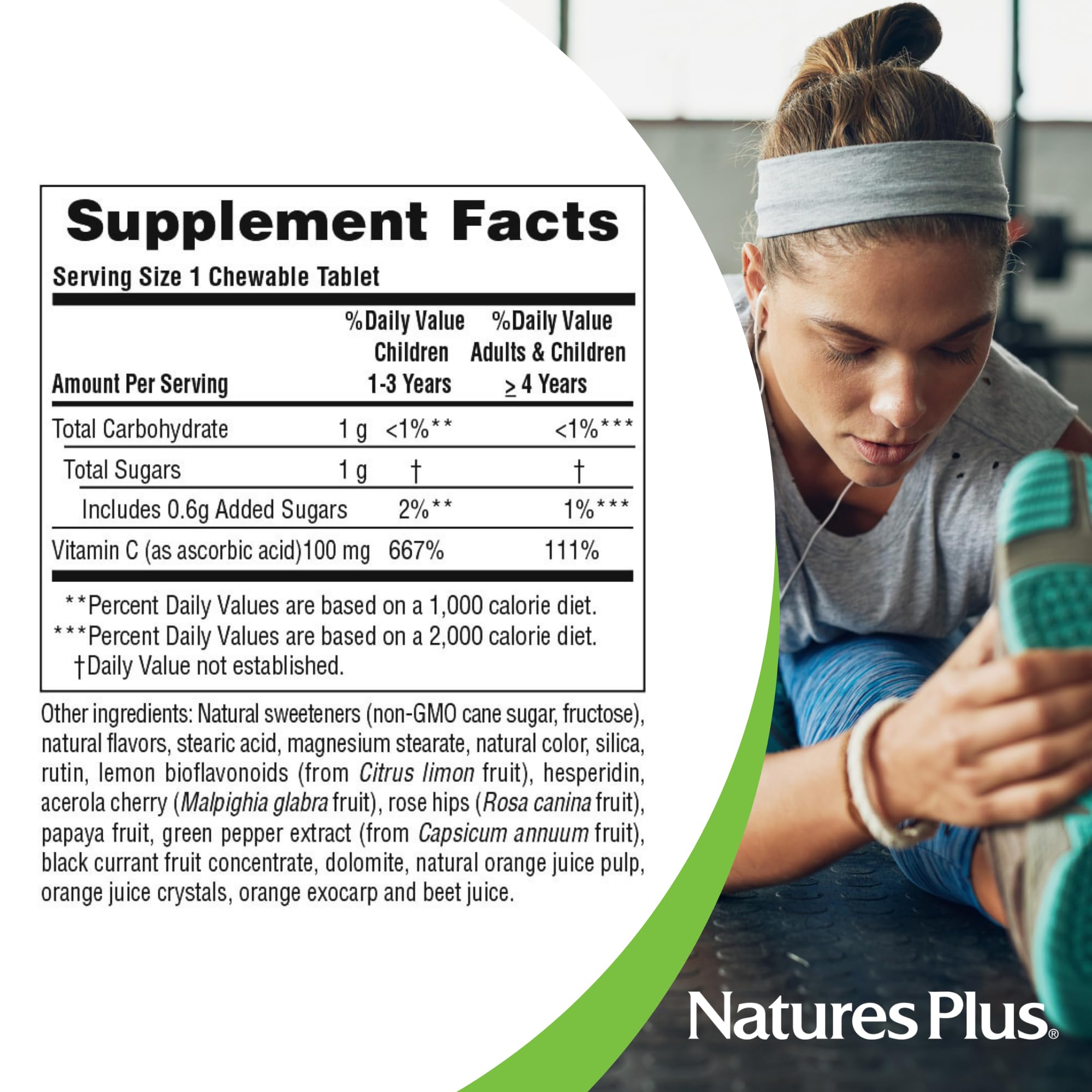 NaturesPlus Chewable Vitamin C 100mg on a wooden table