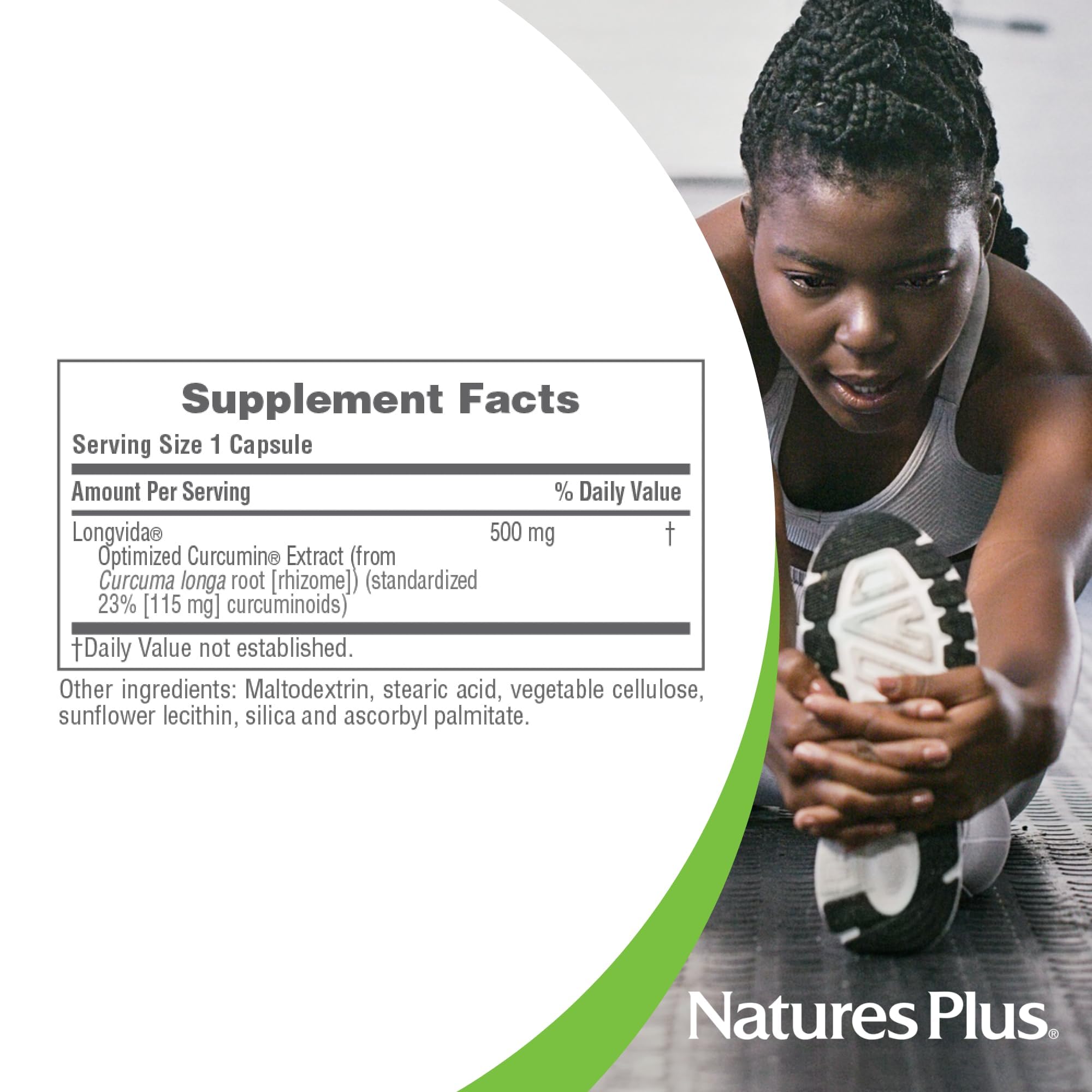 NaturesPlus Curcumin Supplement capsules on a table