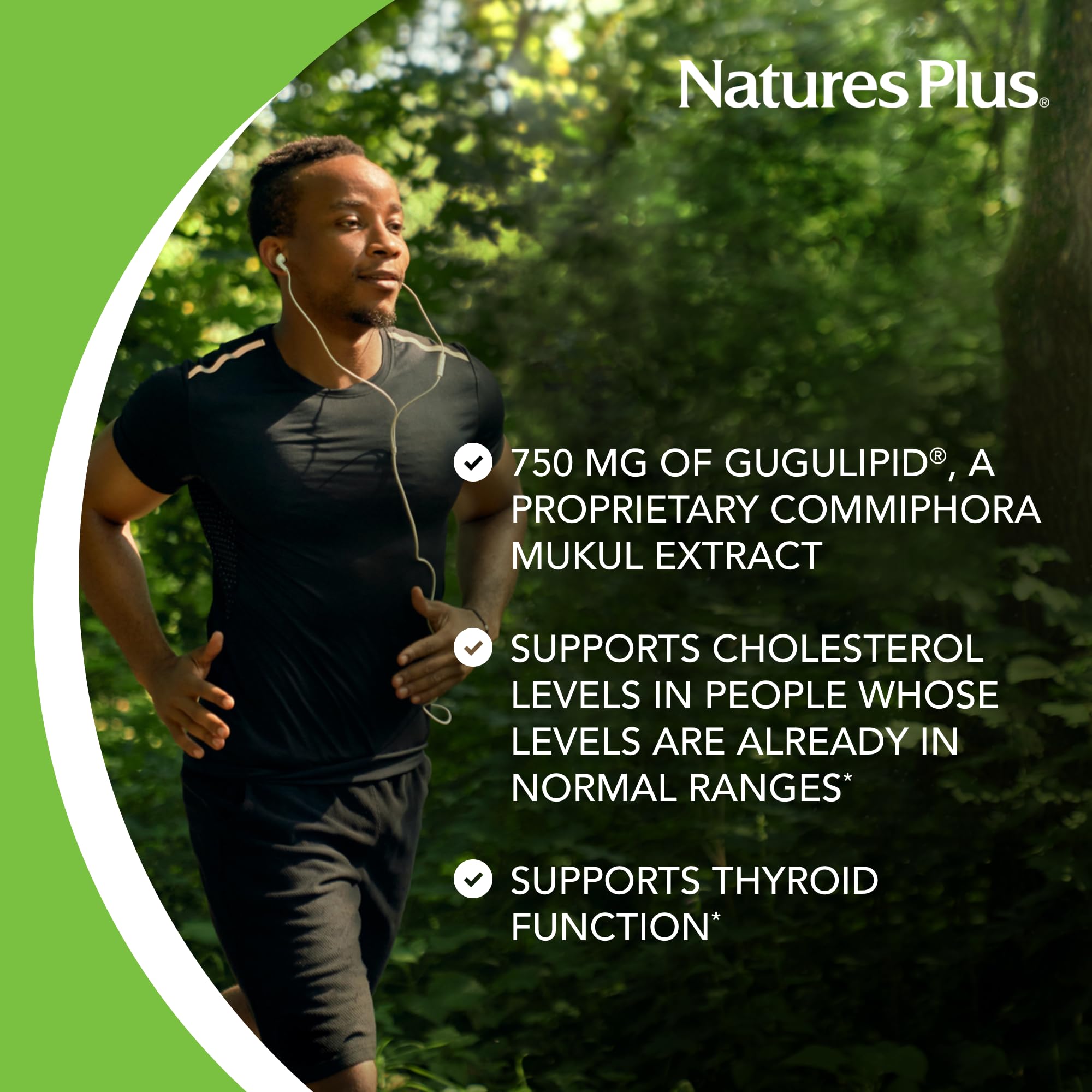 NaturesPlus Gugulipid Herbal Actives 750mg Capsules on a wooden table