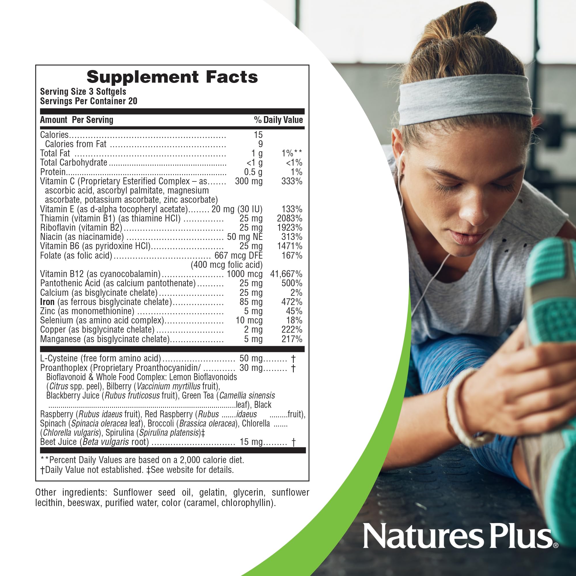 NaturesPlus Hema-Plex Iron softgels with nutritional information