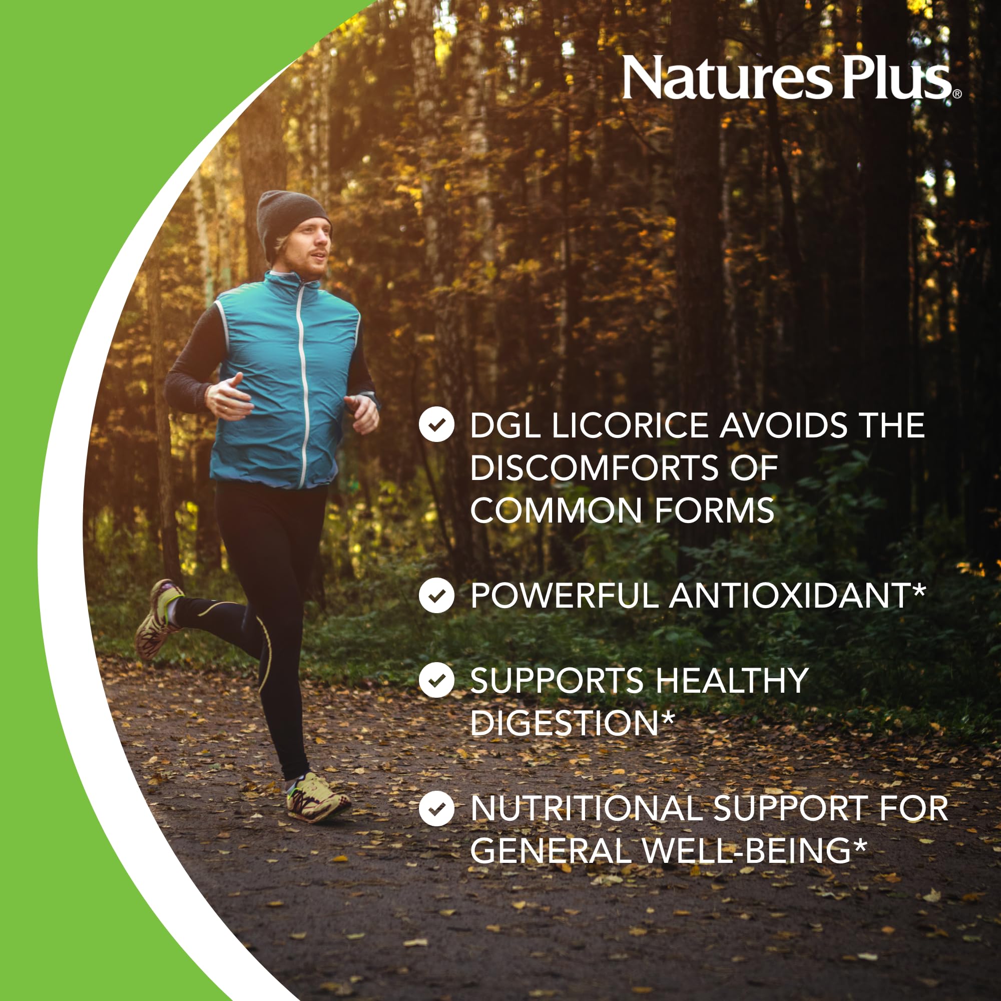 NaturesPlus Licorice Root DGL 500mg supplement capsule on a wooden table