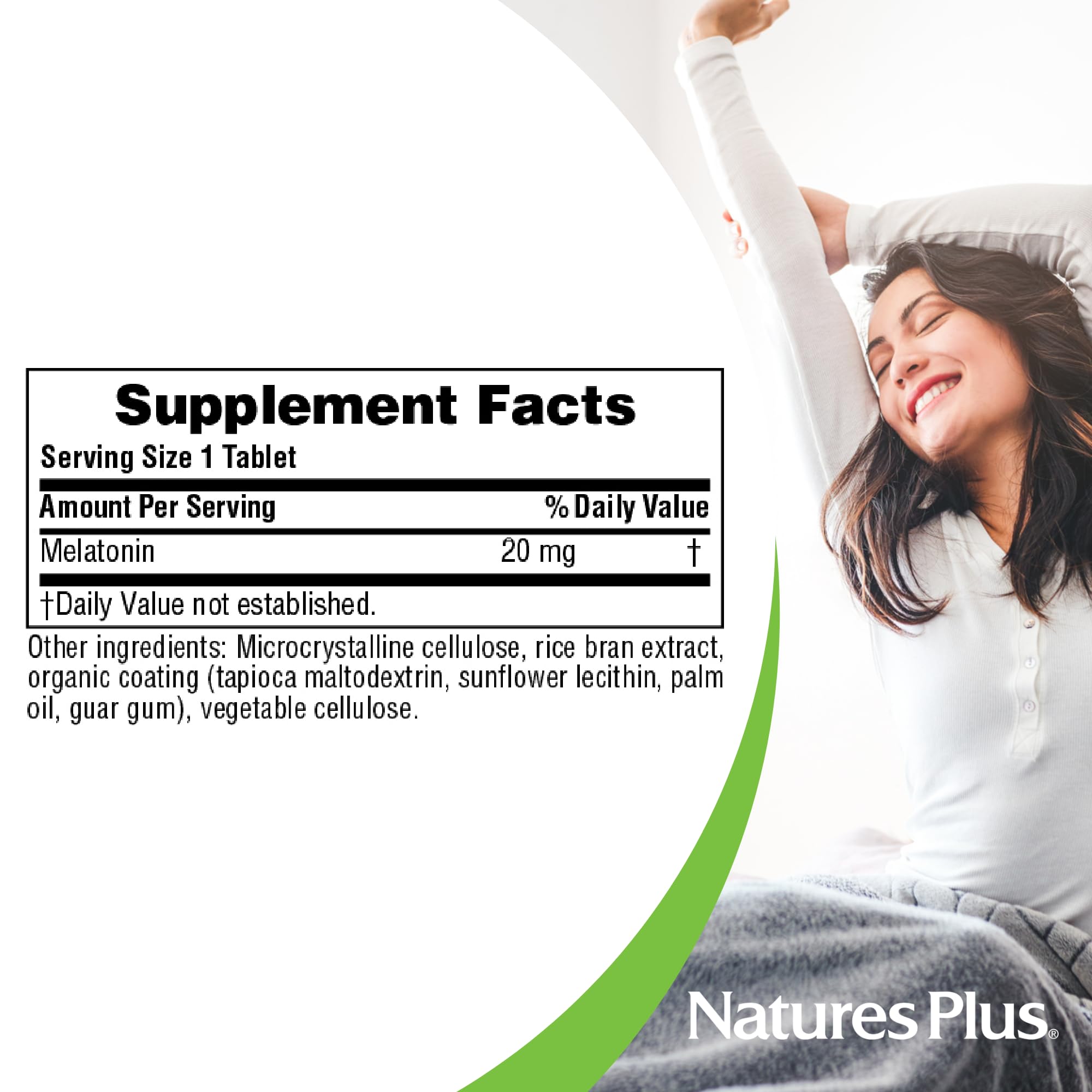 NaturesPlus Melatonin 20 mg tablets with ingredients list