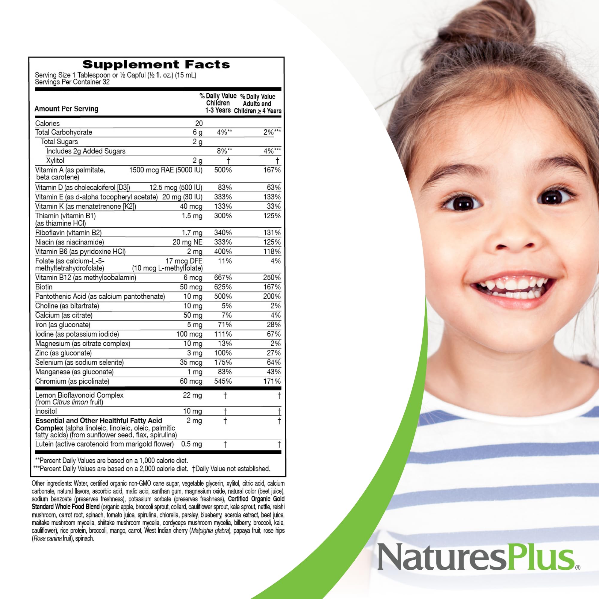 NaturesPlus Multivitamin for Kids 454g Tropical Berry flavour with measuring spoon