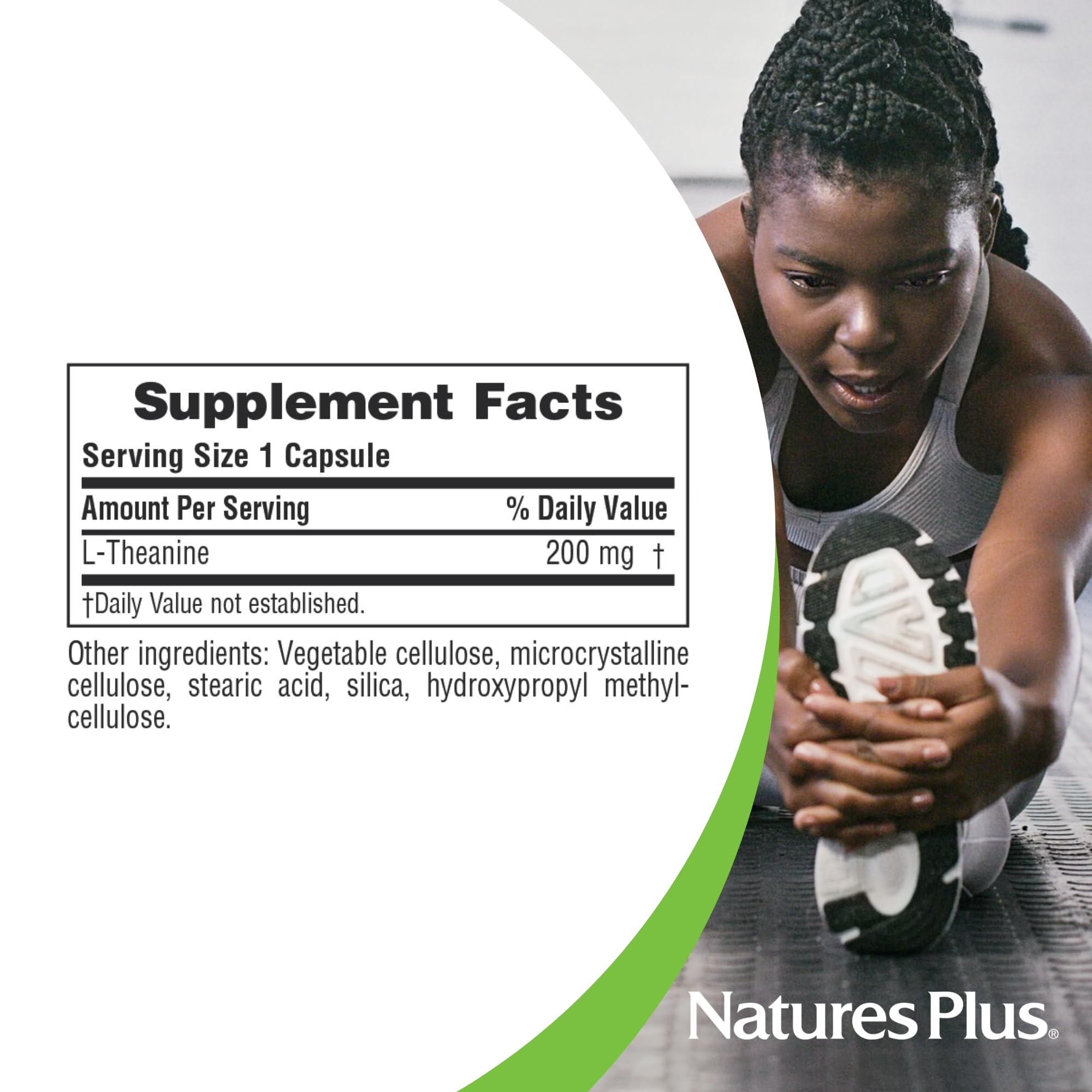 NaturesPlus PRO L-Theanine 200mg Capsules on a wooden table