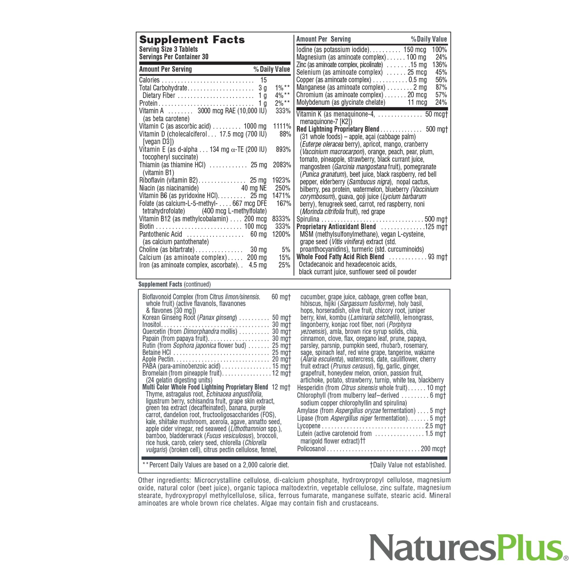 NaturesPlus Source of Life Green and Red supplement ingredients list