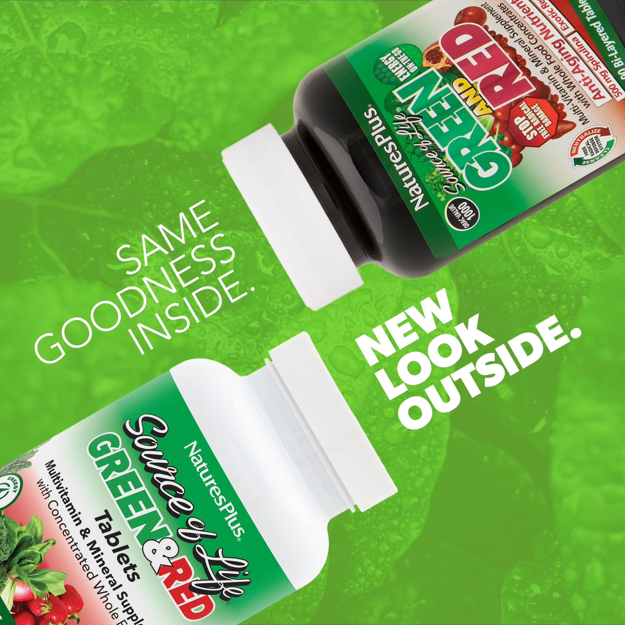 NaturesPlus Source of Life Green and Red supplement side view