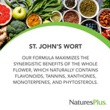 NaturesPlus St. John's Wort 450mg tablets on a wooden surface
