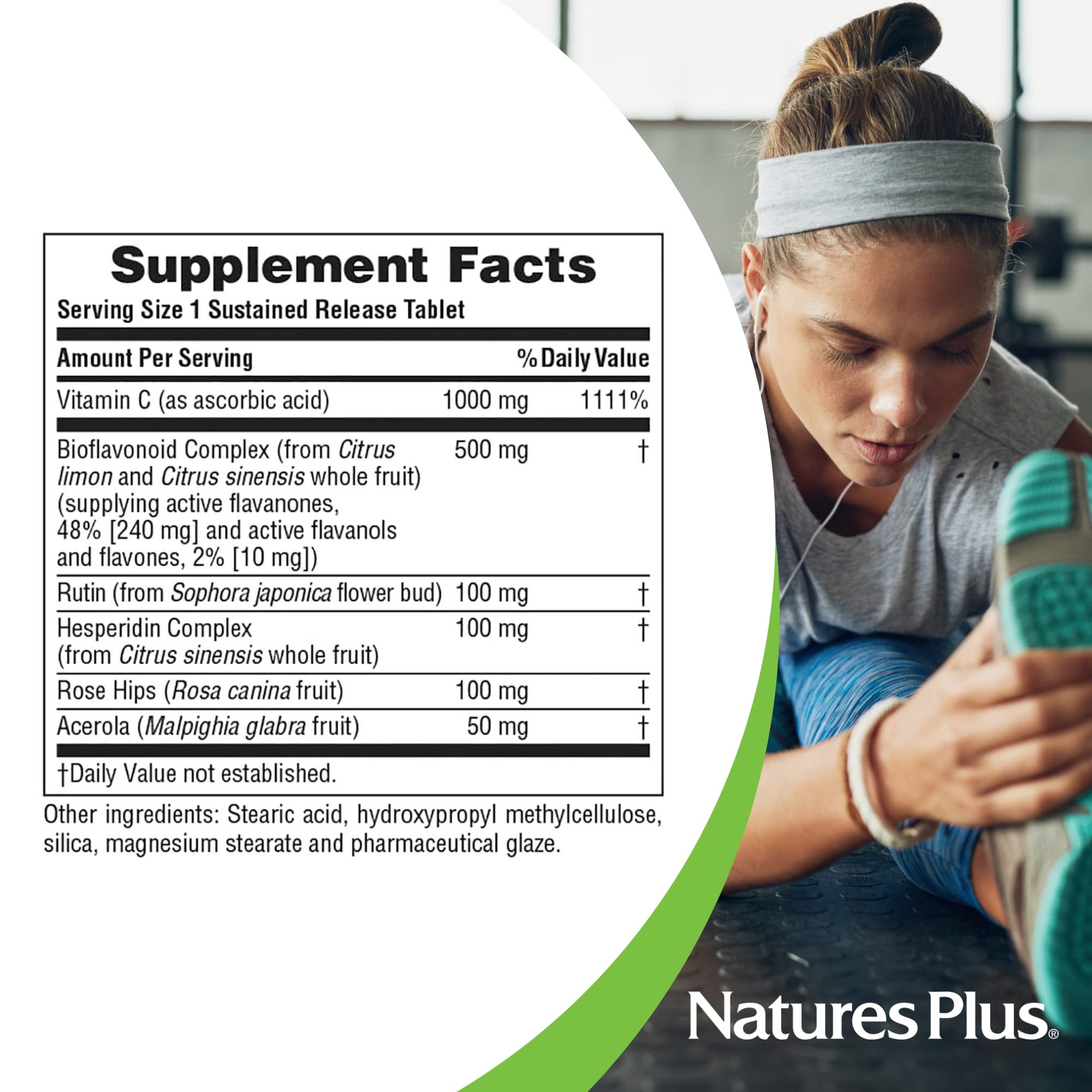 NaturesPlus Super C Complex Vitamin C 1000mg 90 tablets on a wooden table