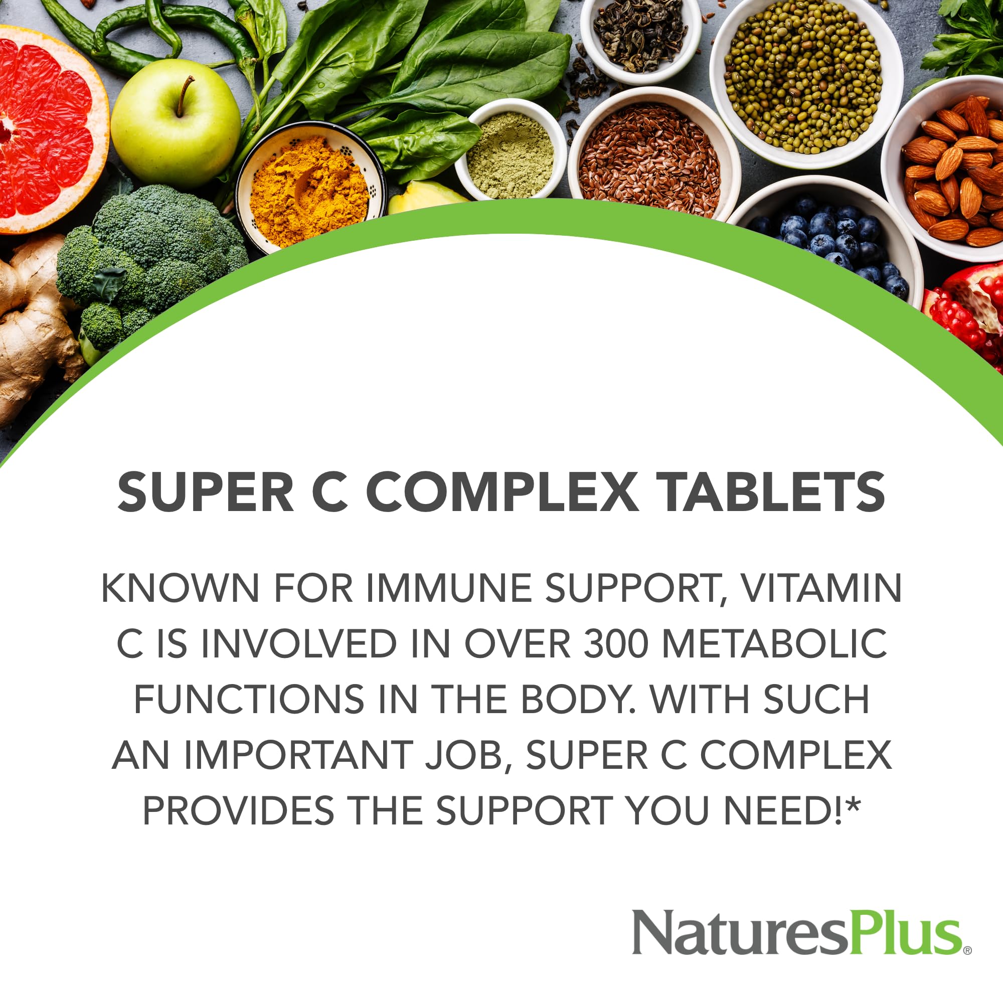 NaturesPlus Super C Complex Vitamin C 1000mg capsules on a wooden surface
