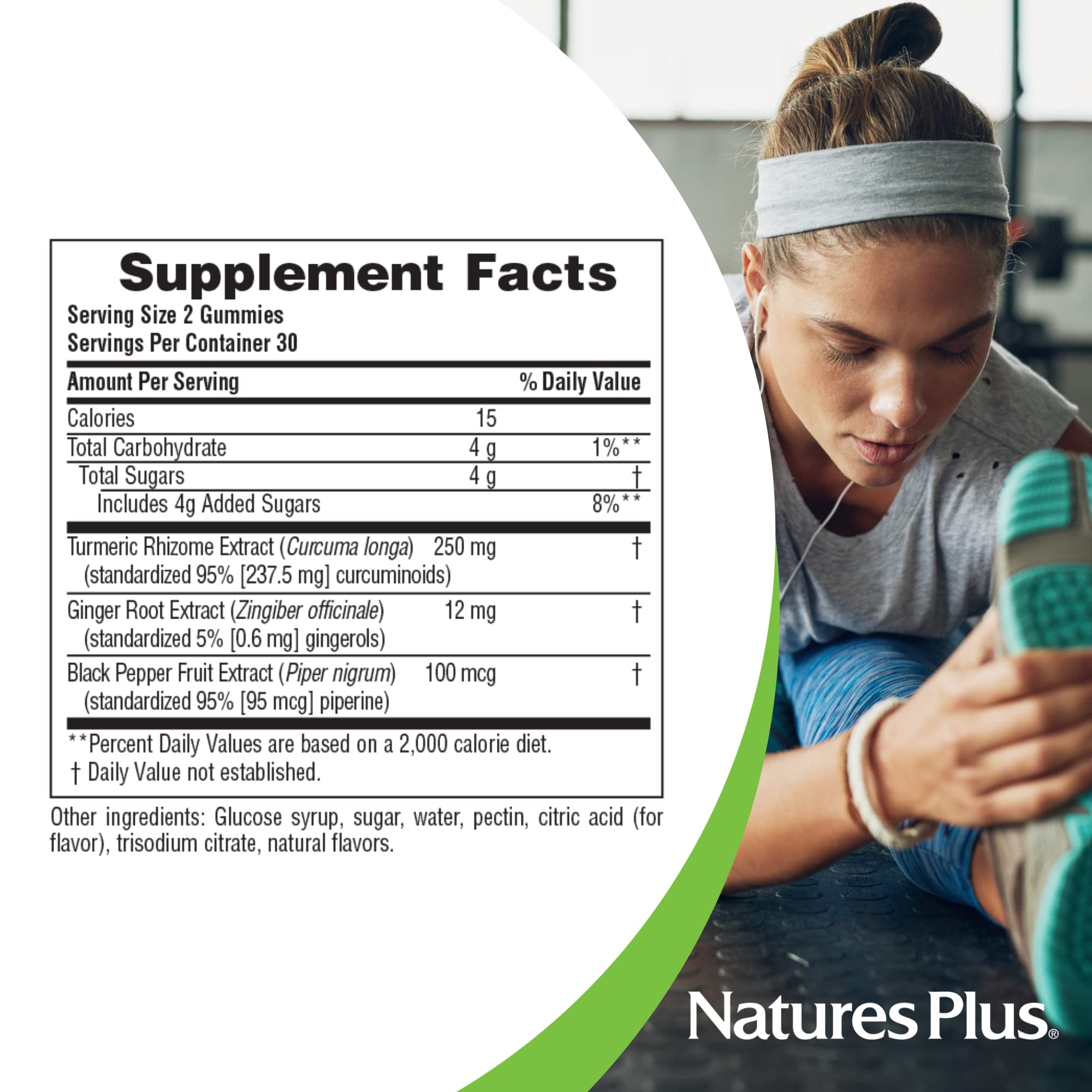 NaturesPlus Turmeric Curcumin Gummies side view with nutritional information