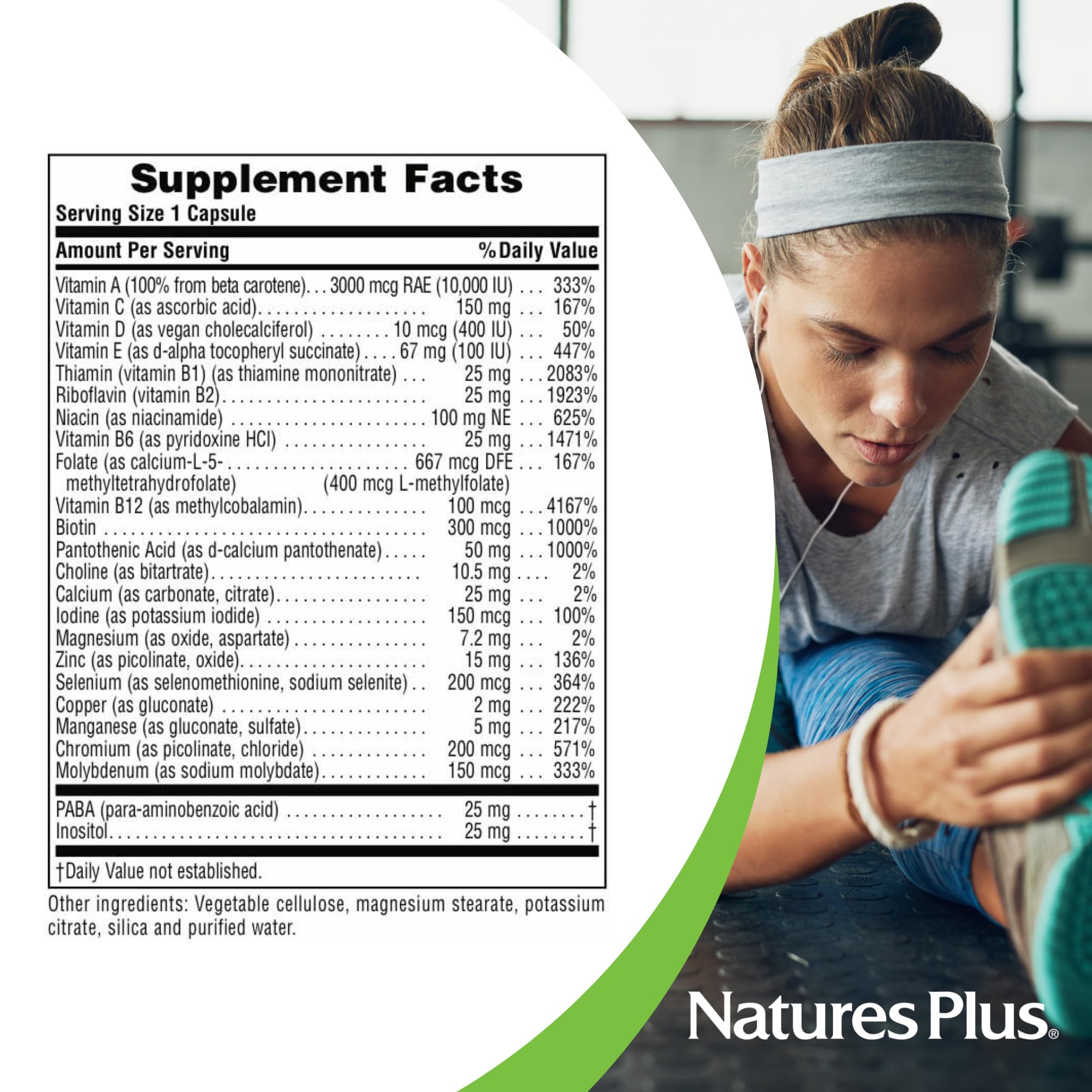 NaturesPlus Ultra One Daily Iron-Free Multivitamin capsules on a surface