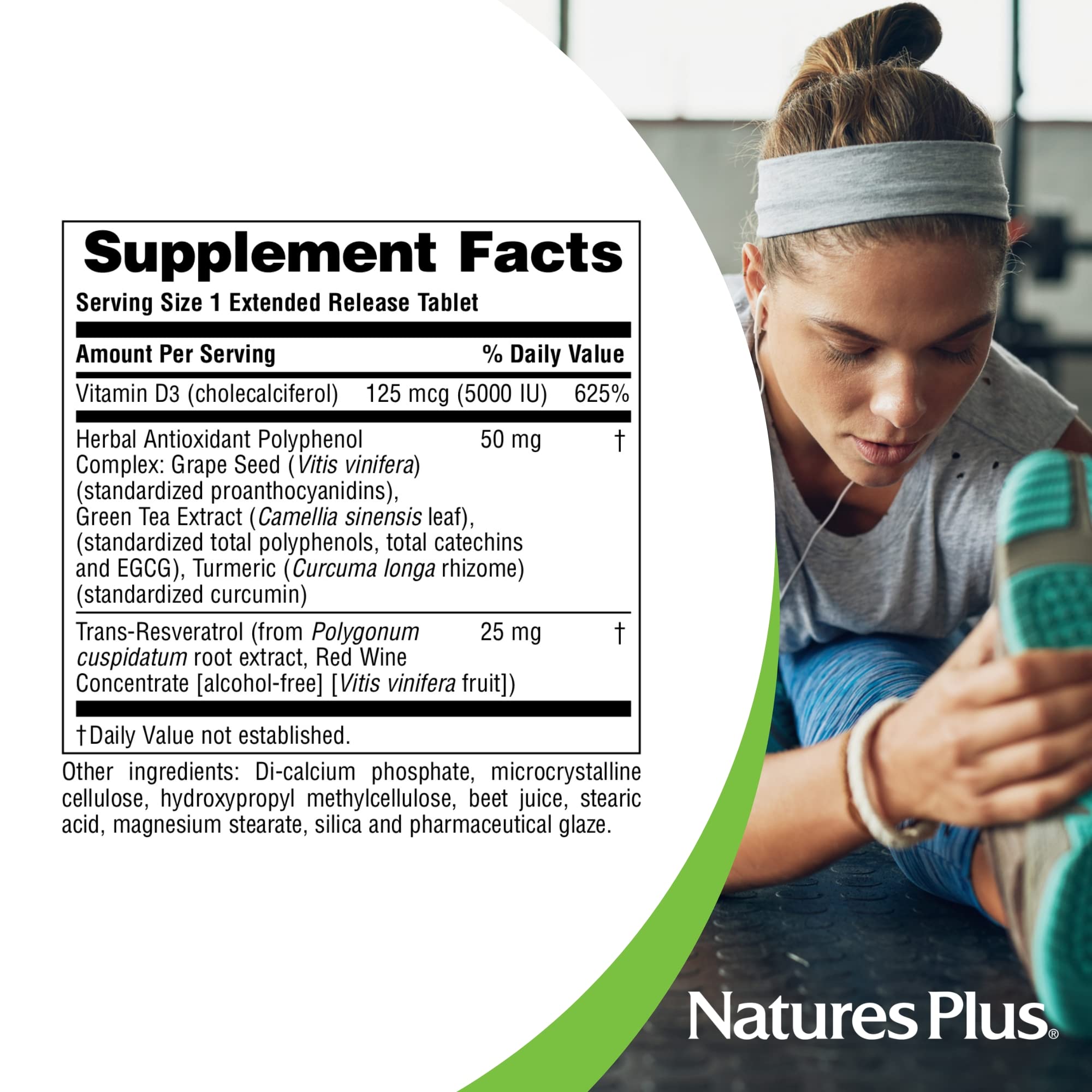 NaturesPlus Vitamin D3 5000 IU capsules on a wooden table