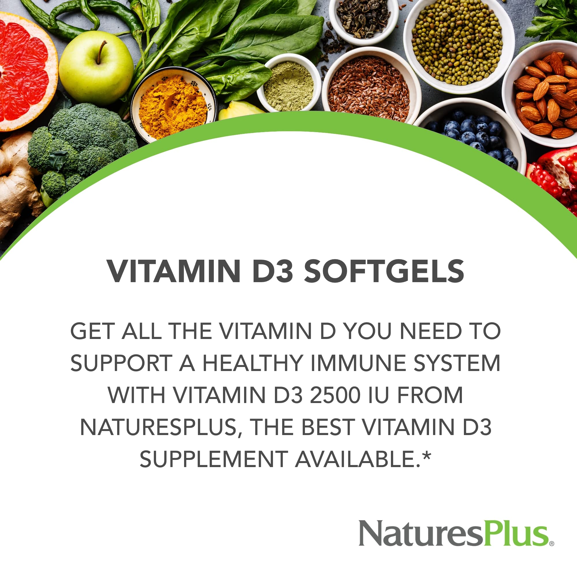 NaturesPlus Vitamin D3 softgels back view with ingredients