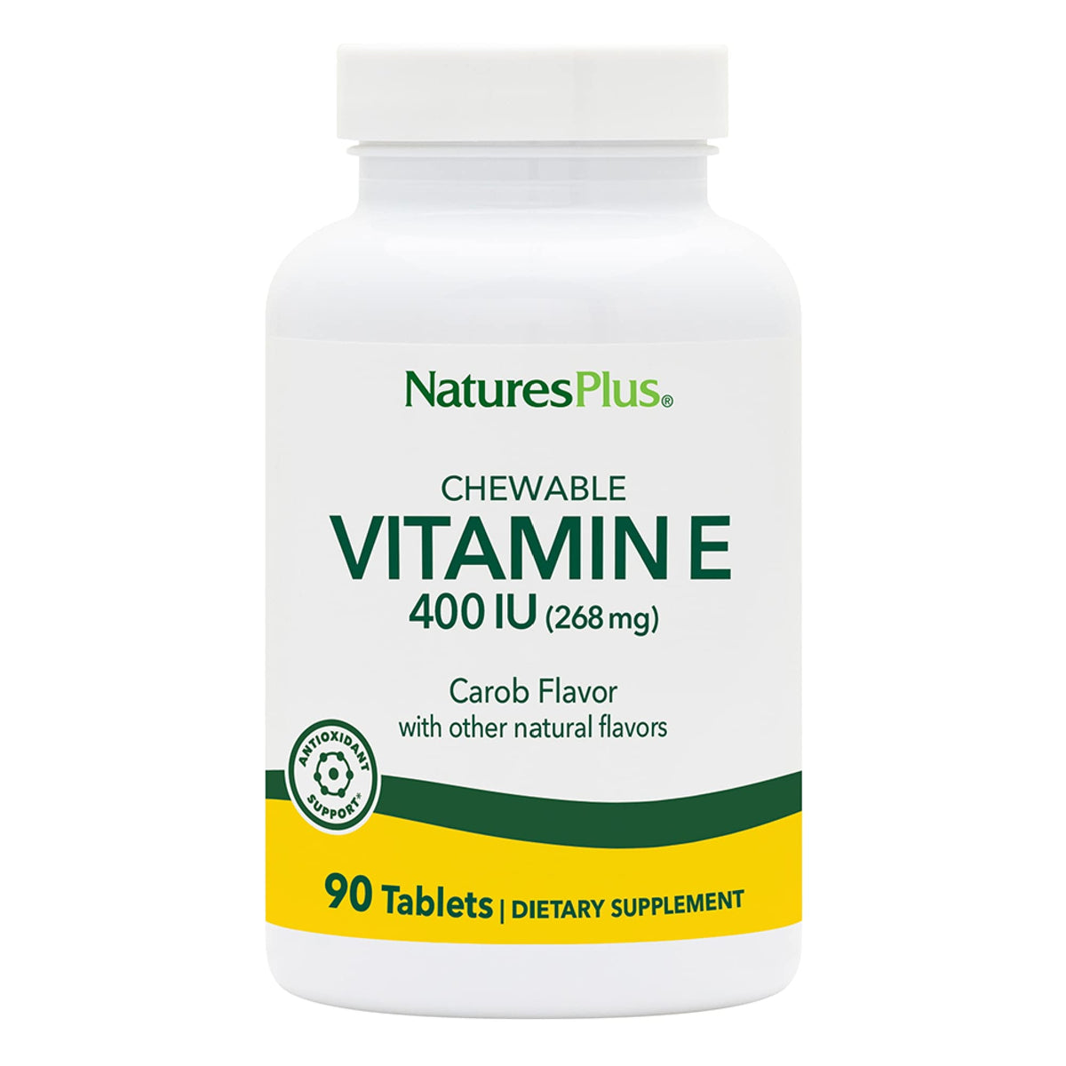 NaturesPlus Vitamin E Chewable 400 IU carob flavour tablet front view