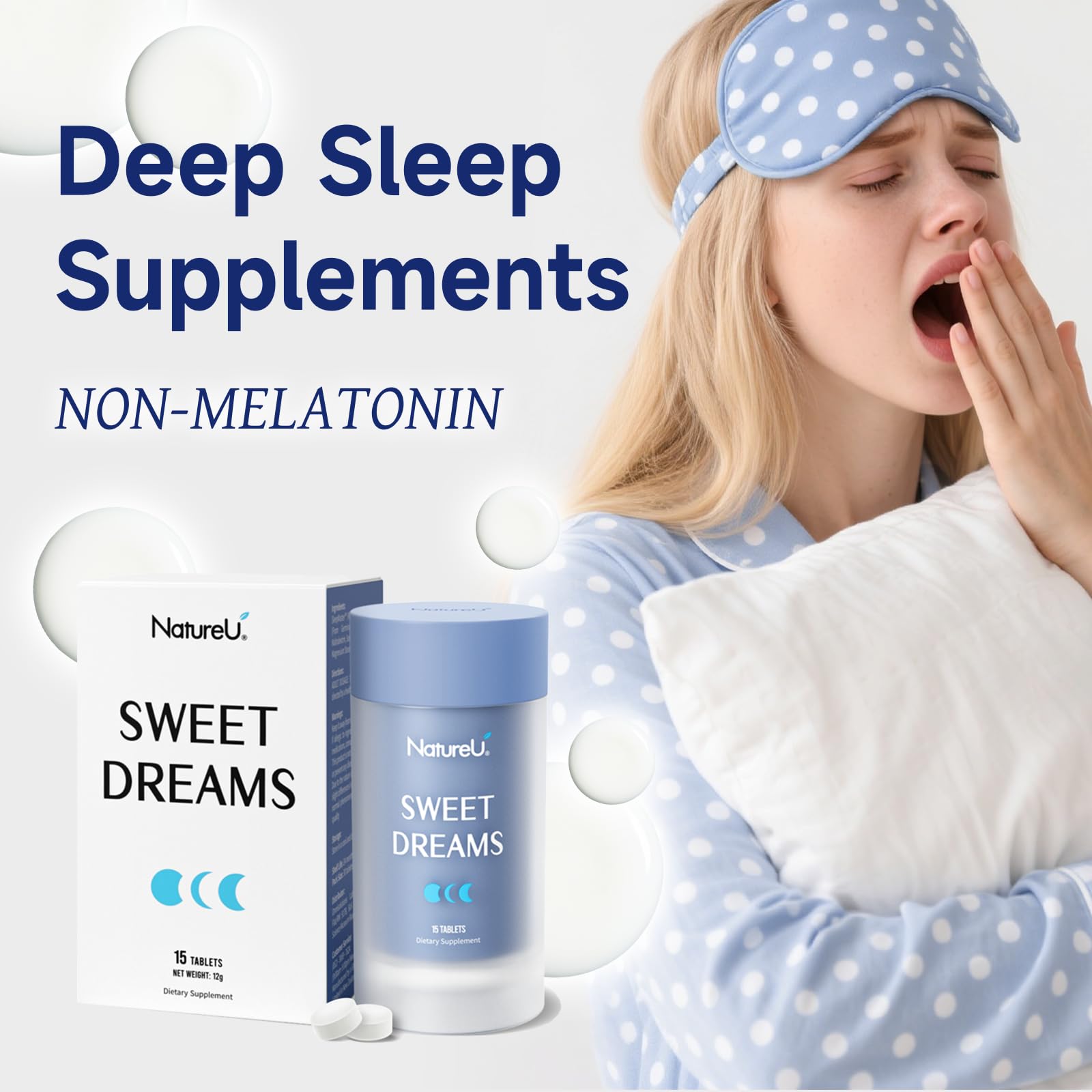 NatureU Sleep Aid Supplement tablets on a white background