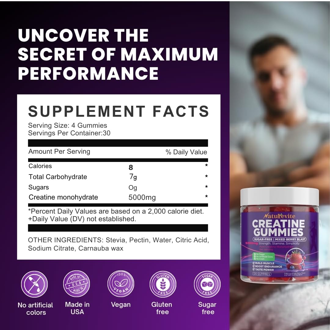 Naturevite Creatine Gummies displayed on a gym table with workout gear