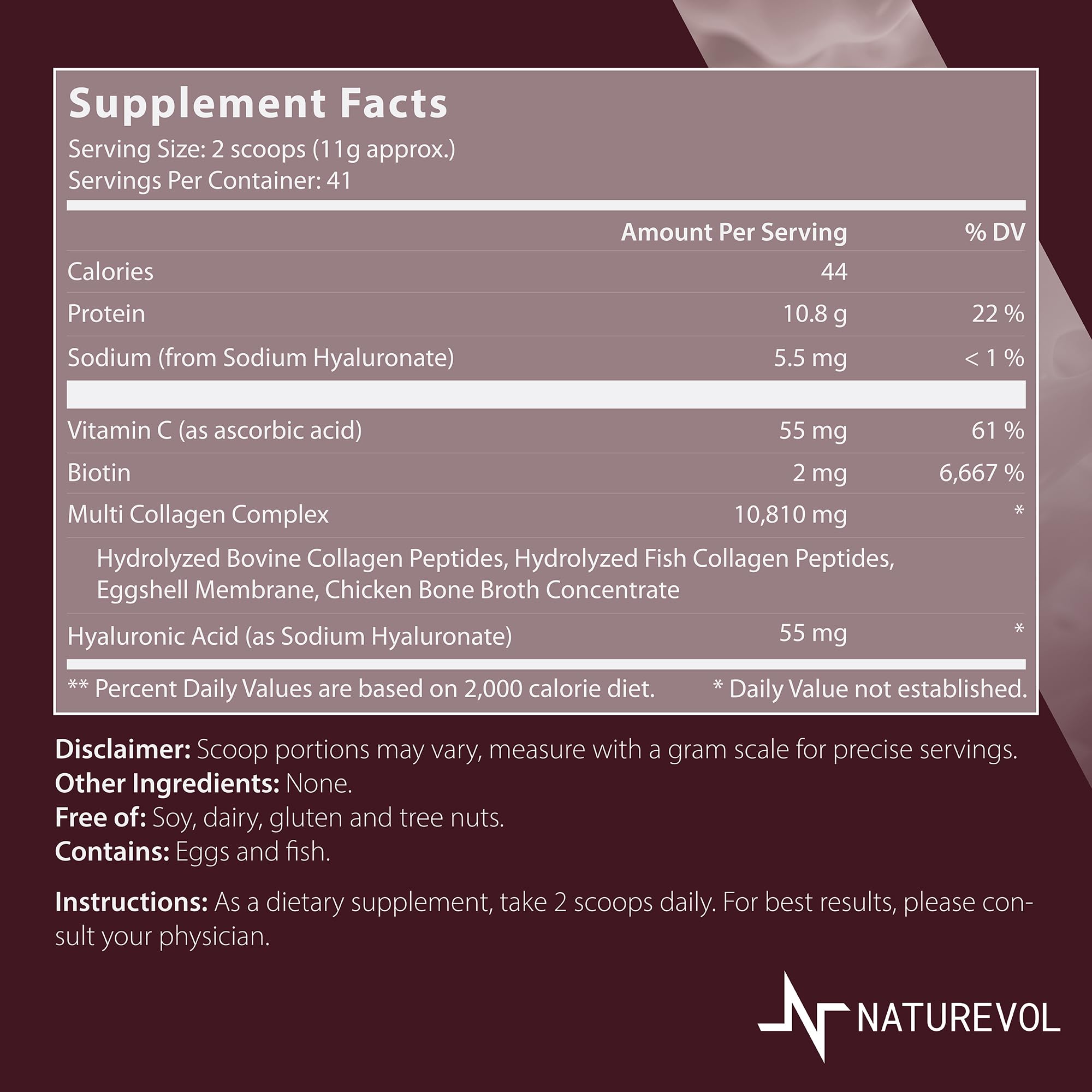 NATUREVOL Collagen Powder 454g back view with ingredient list
