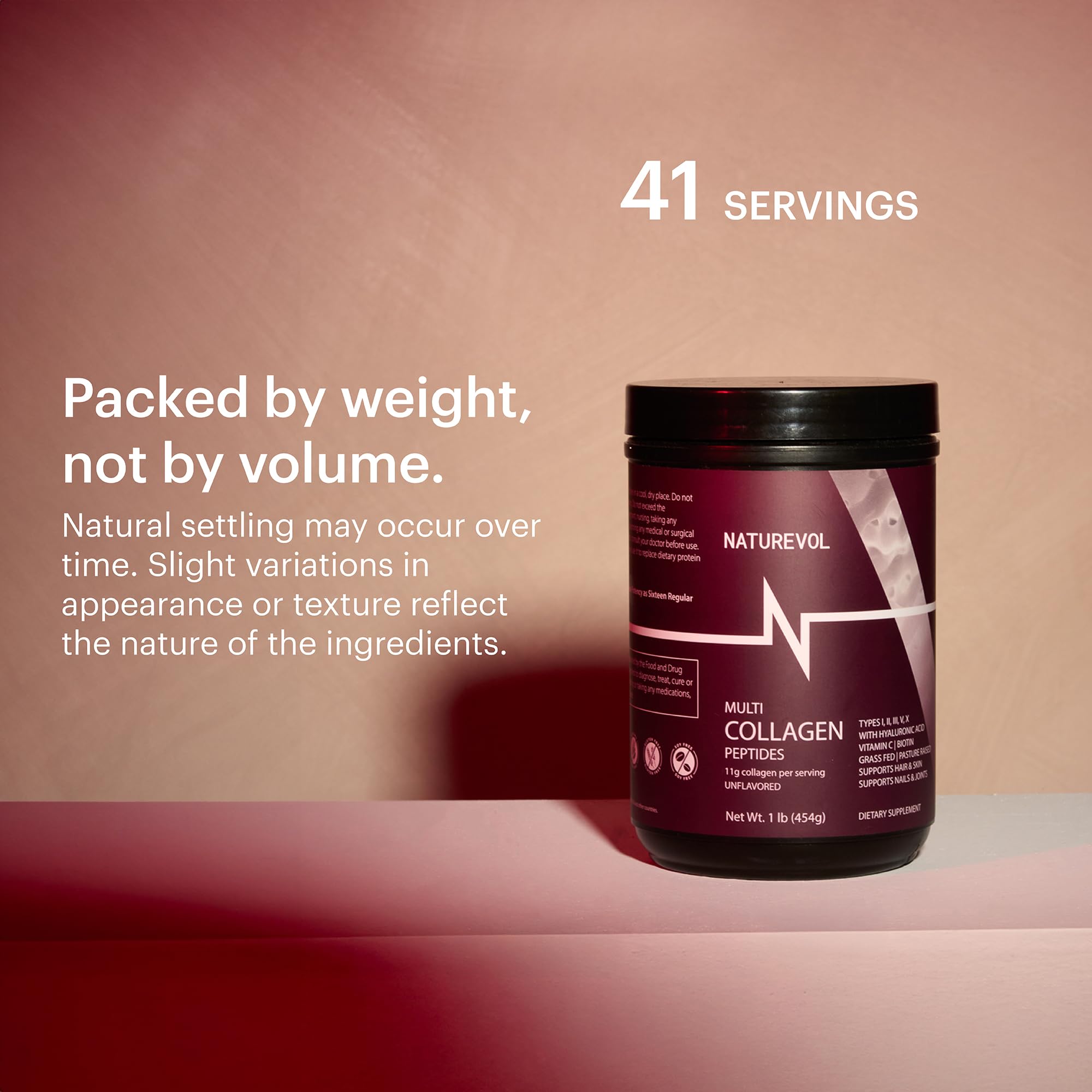 NATUREVOL Collagen Powder packaging on a kitchen countertop