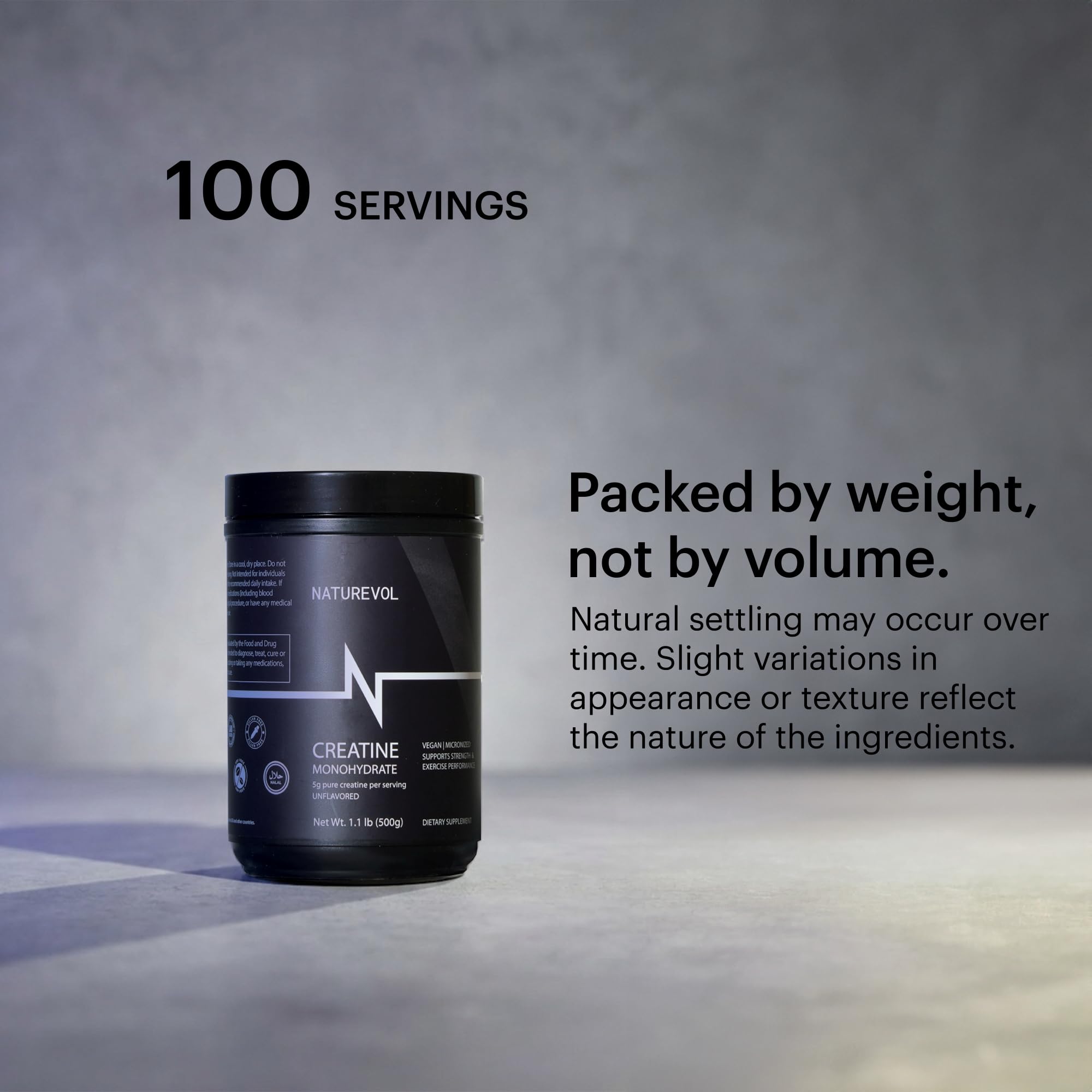 NATUREVOL Creatine Monohydrate canister with workout gear