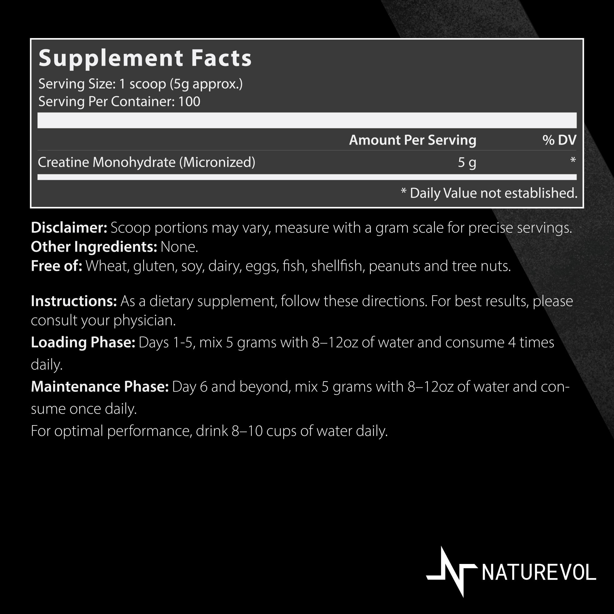 NATUREVOL Creatine Monohydrate powder in a scoop