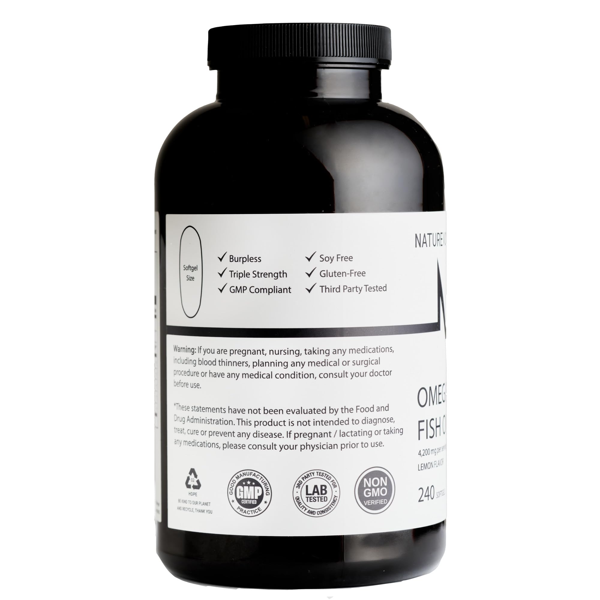 NATUREVOL Omega-3 Fish Oil Softgels back view with ingredients list