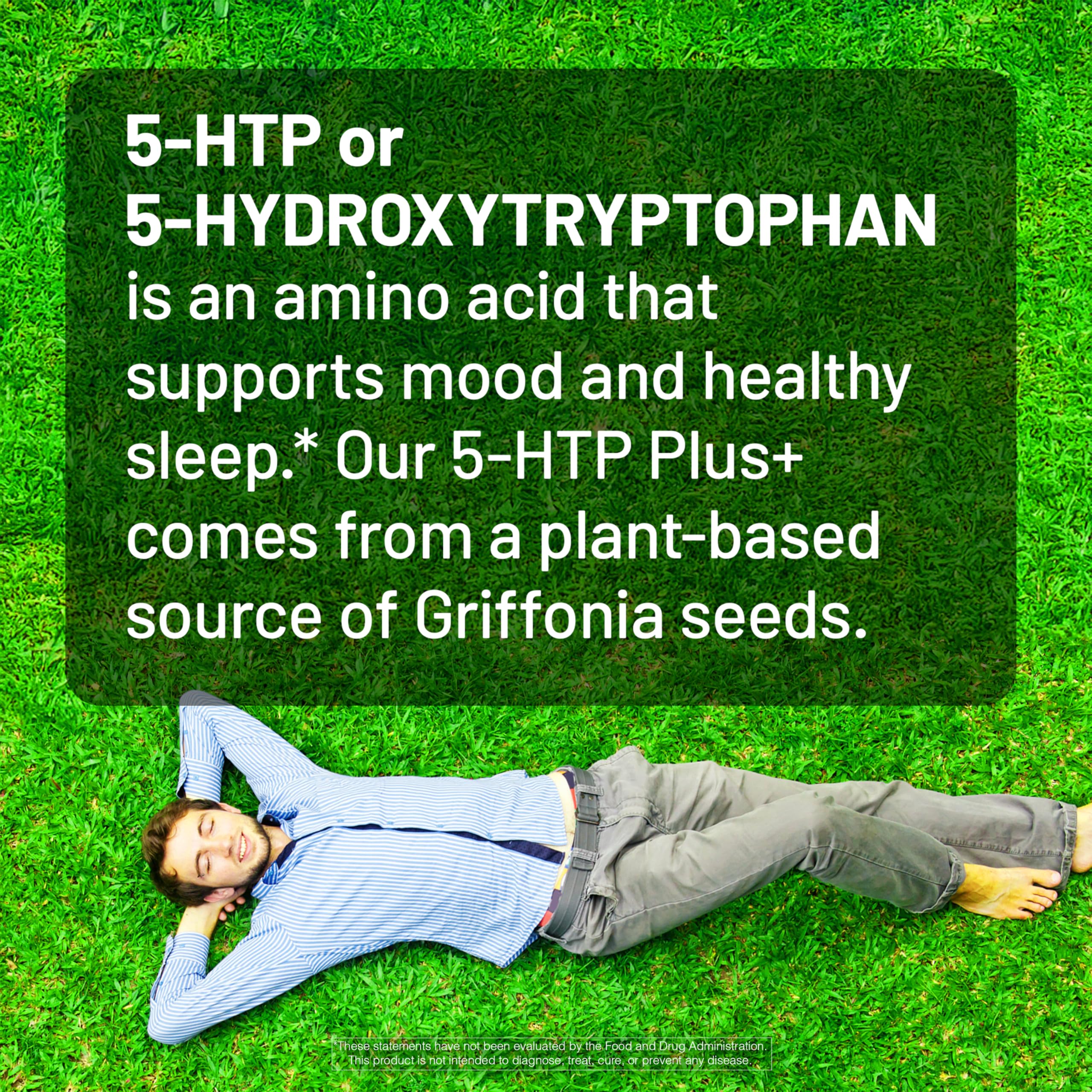 NatureWise 5-HTP Plus+ 200mg vegan supplement with a measuring spoon