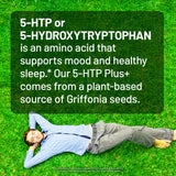 NatureWise 5-HTP Plus+ 200mg vegan supplement with a measuring spoon