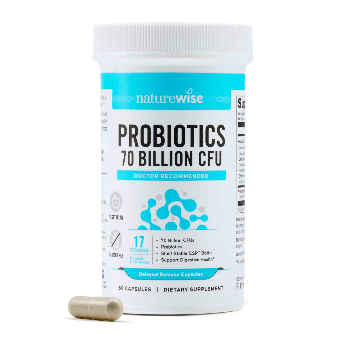 NatureWise 70 Billion CFU Probiotics front view with capsule bottle