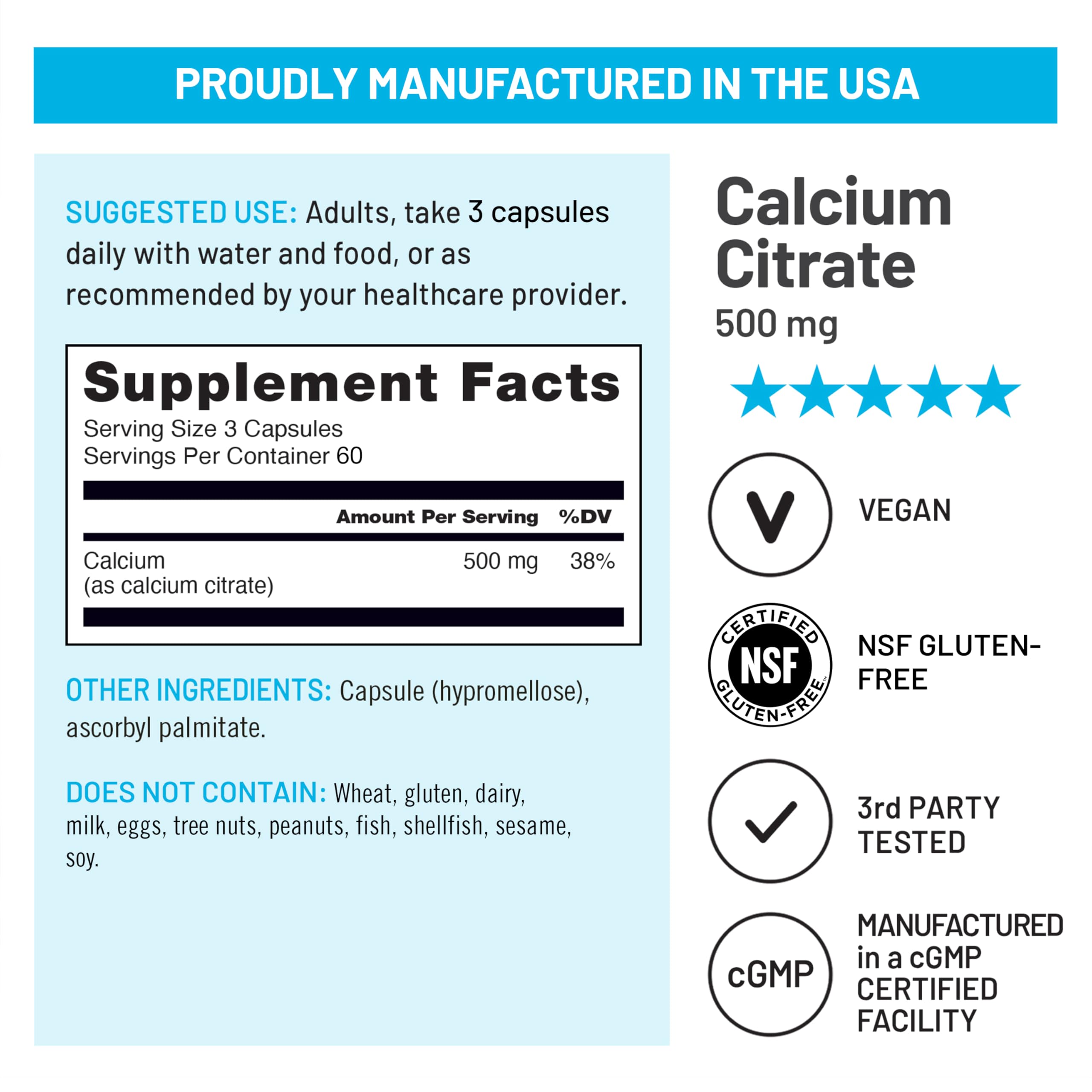 NatureWise Calcium Citrate 500mg vegan capsules on wooden table