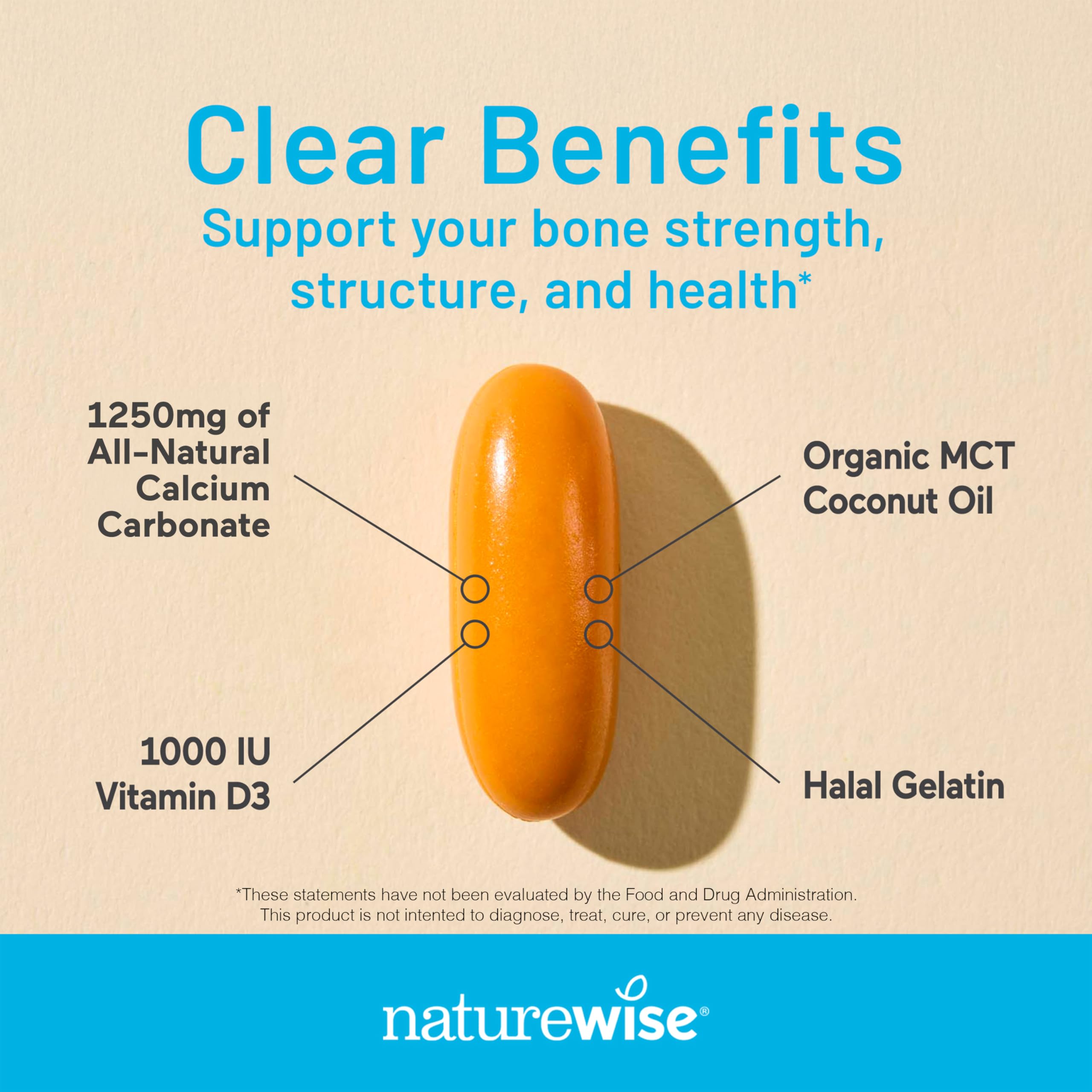 NatureWise Calcium + Vitamin D3 Softgels showing softgel size