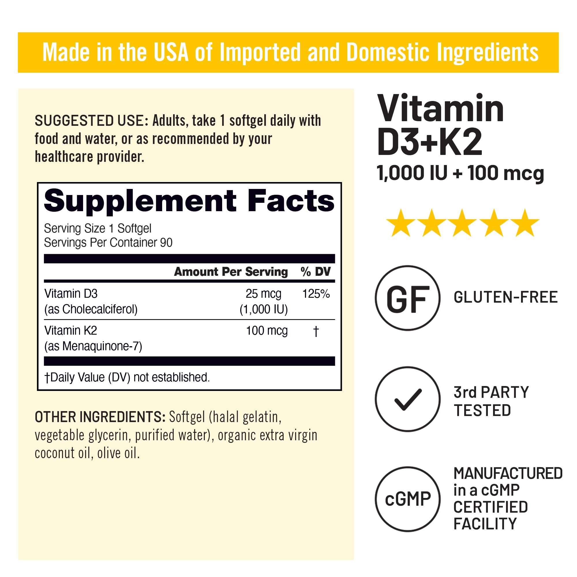 NatureWise D3 + K2 Softgels 1000 IU + 100 mcg ingredients list