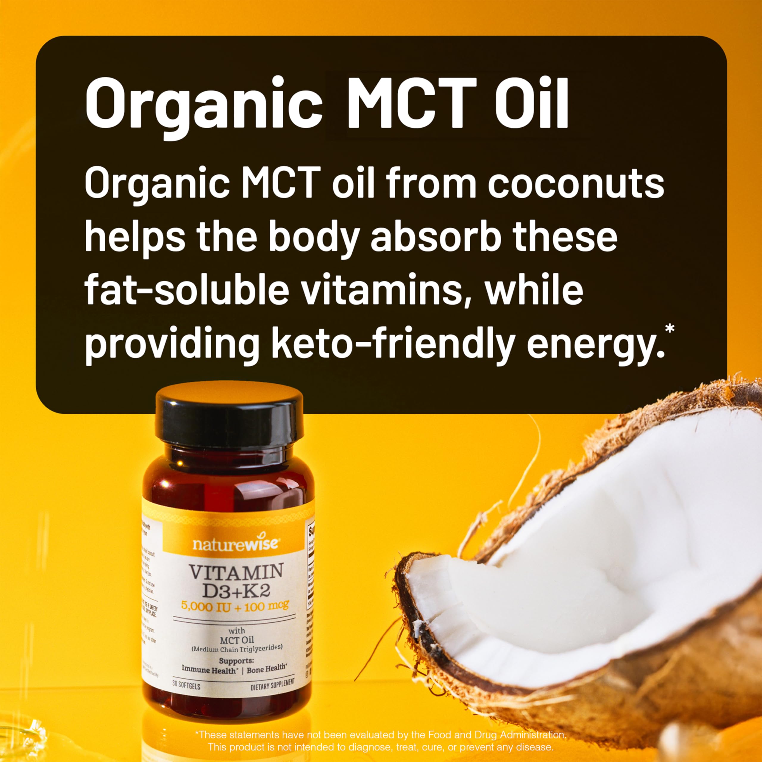 NatureWise D3 + K2 Softgels with coconut oil background